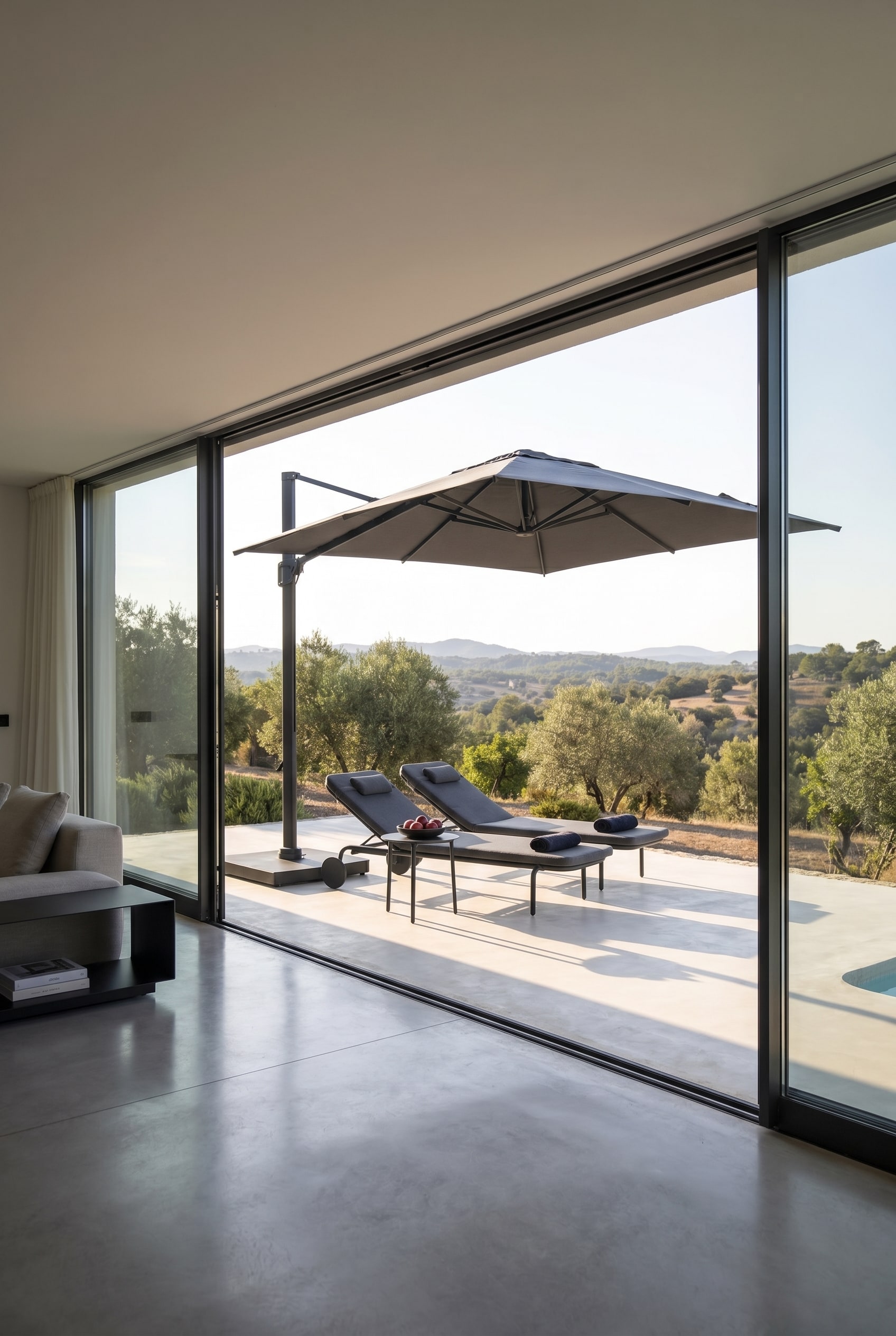 Modernes Zimmer mit offener Fensterfront zur Terrasse, großem Ampelschirm und zwei dunkelgrauen Todus Starling Sonnenliegen