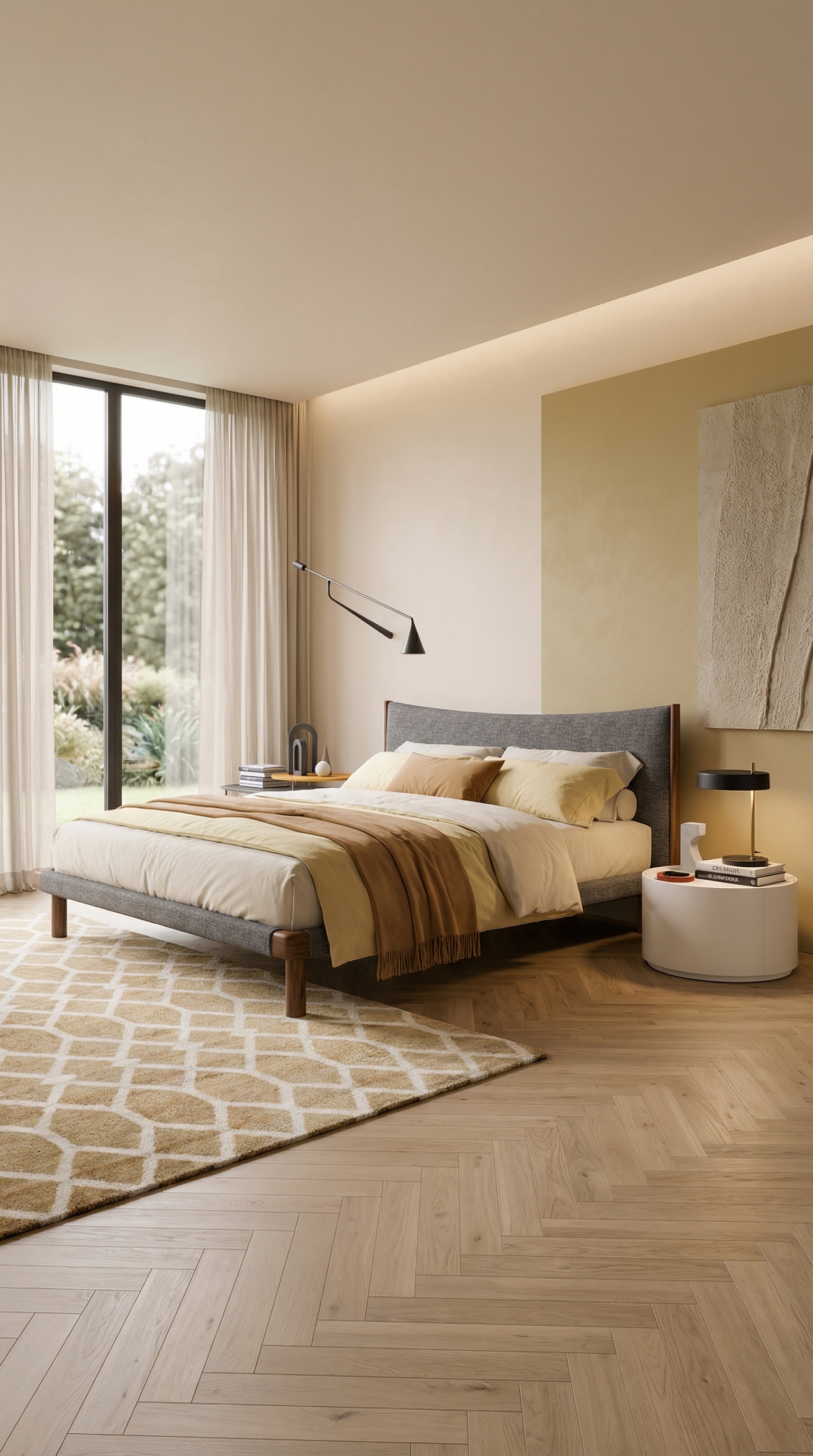Chambre confortable avec lit Novamobili Mizu et table de chevet ronde Allout