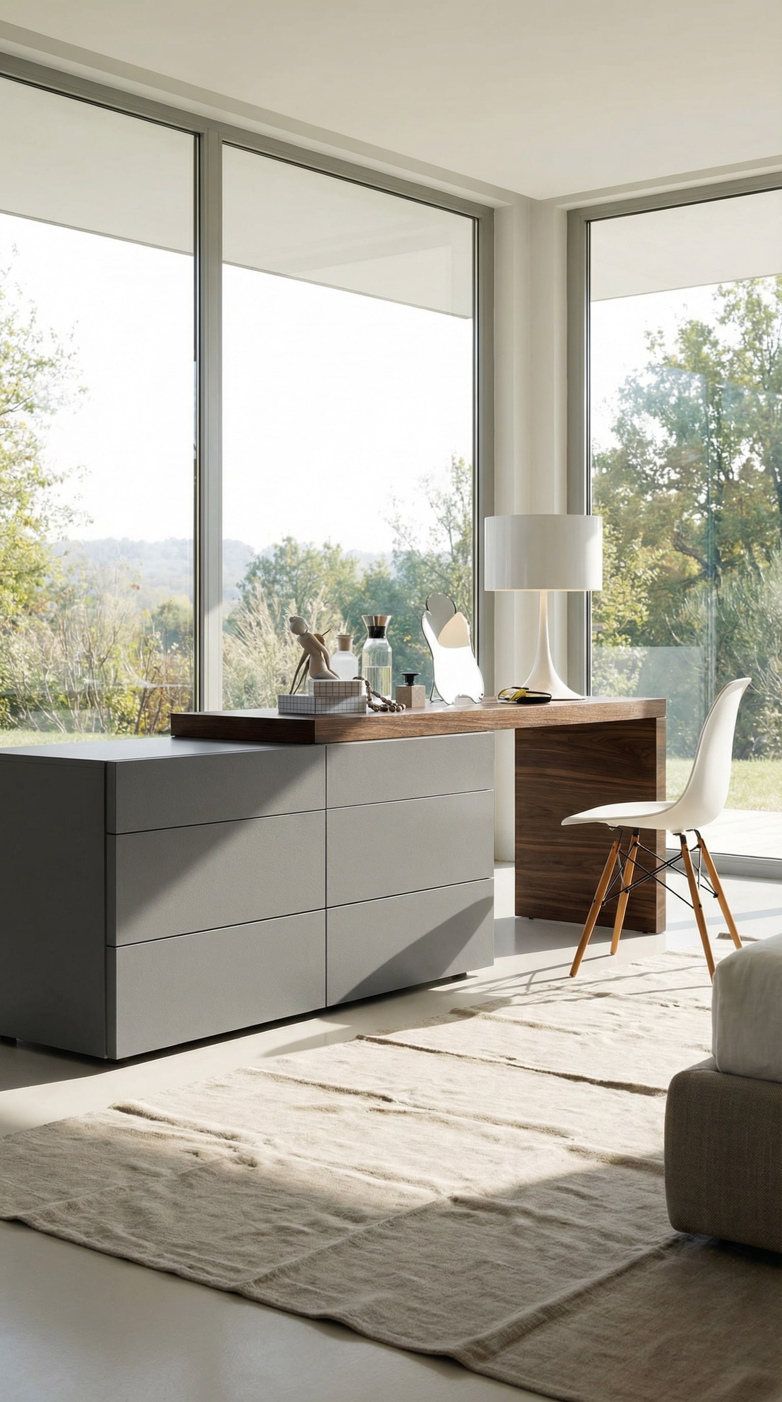 Commode hybride avec bureau int&eacute;gr&eacute; dans une chambre moderne ou un bureau &agrave; domicile.