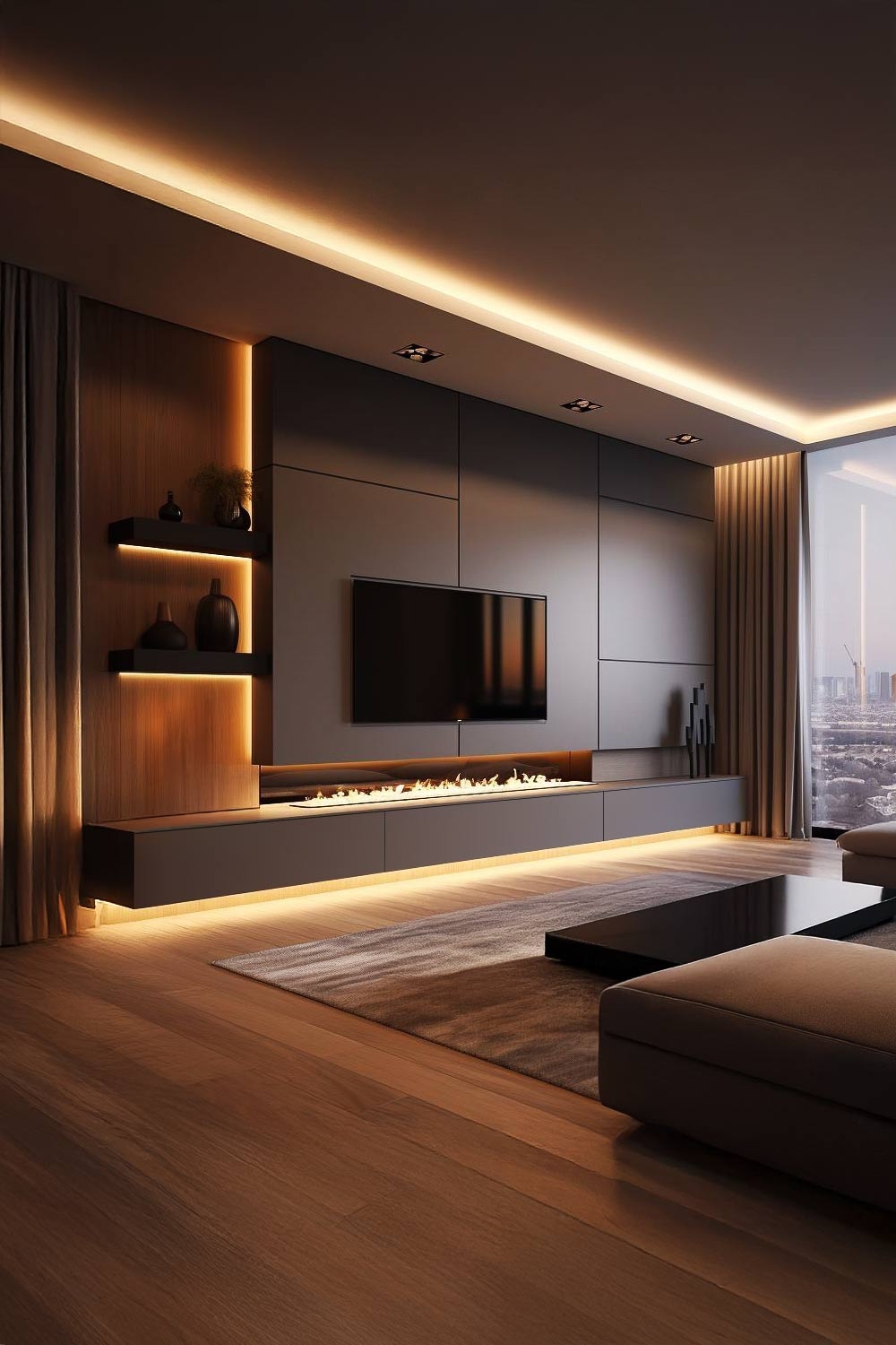 dunkle-wohnwand-mit-deko-artikeln-in-passender-farbgebung-und-speziellen-formen