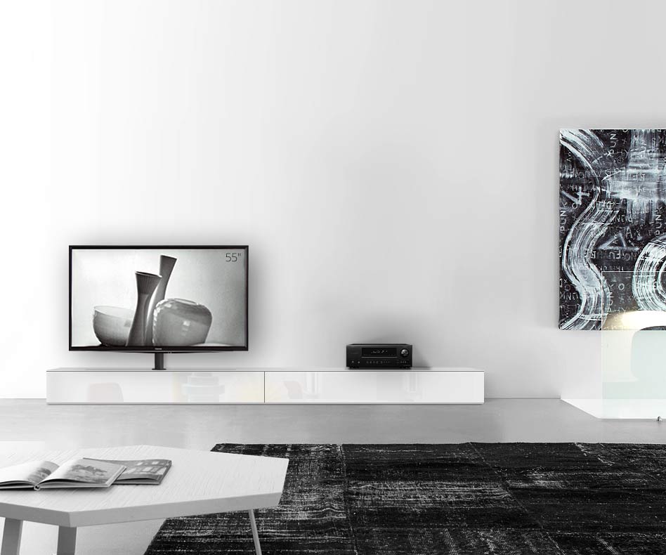 Table basse design Configurateur avec support TV au sol Largeur 300 25,5 45 gauche blanc brillant
