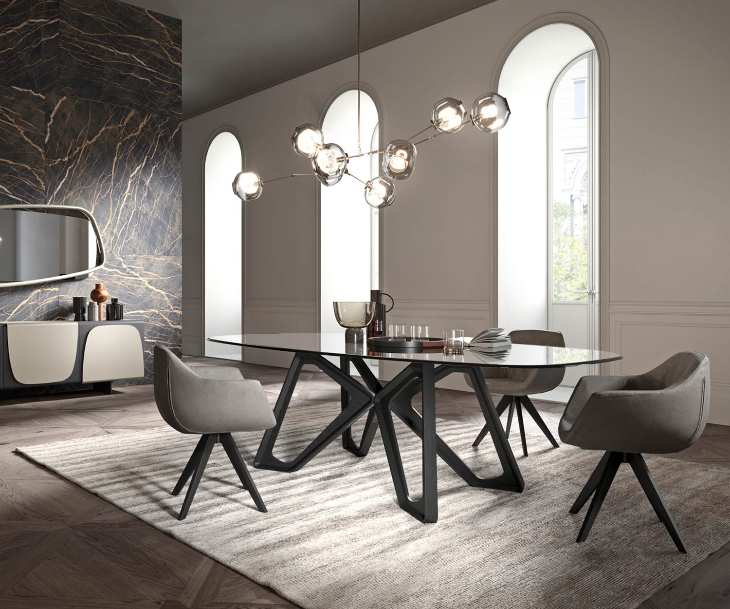 Table de salon Ozzio Papillon Plateau de table en verre Châssis en chêne foncé