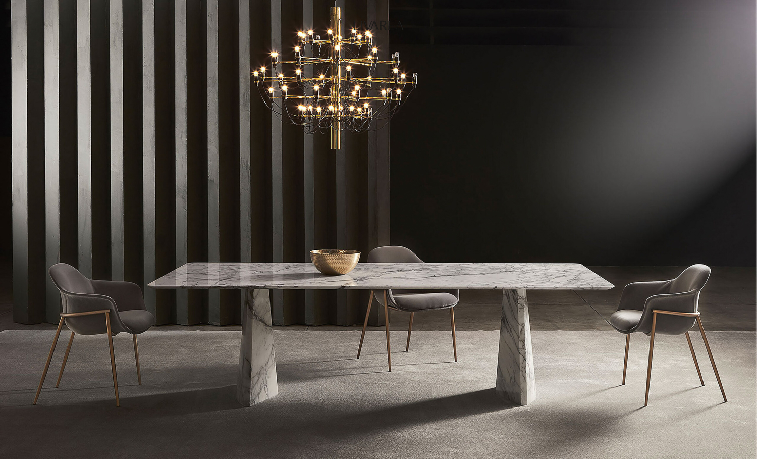 Luxueuse table de salle à manger en marbre avec plateau rectangulaire sur deux pieds Luxueuse table de salle à manger en marbre avec plateau rectangulaire sur deux pieds