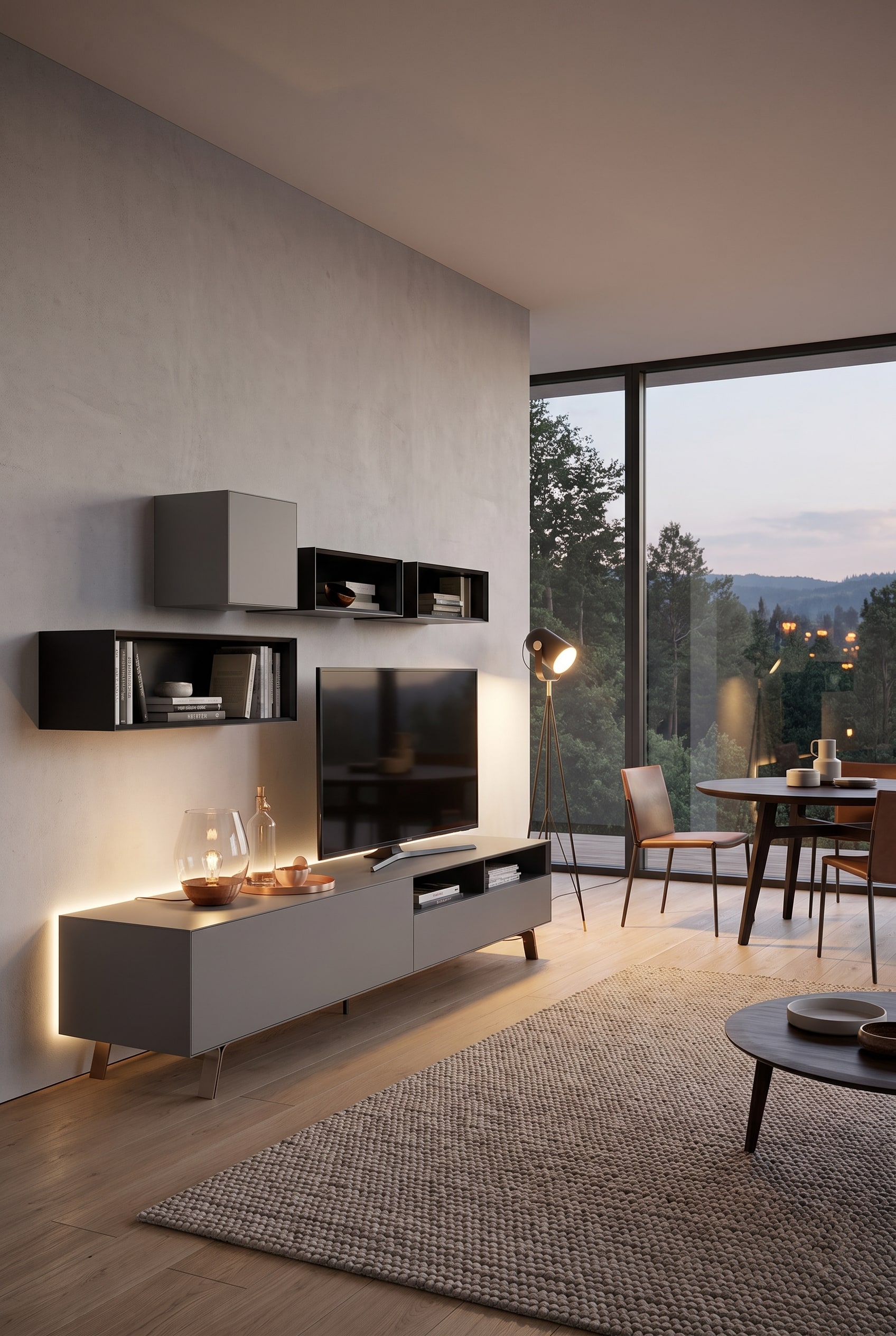 Salon avec combinaison de meubles hauts, d'&eacute;tag&egrave;res en bois ouvertes et de fa&ccedil;ades laqu&eacute;es mates ferm&eacute;es