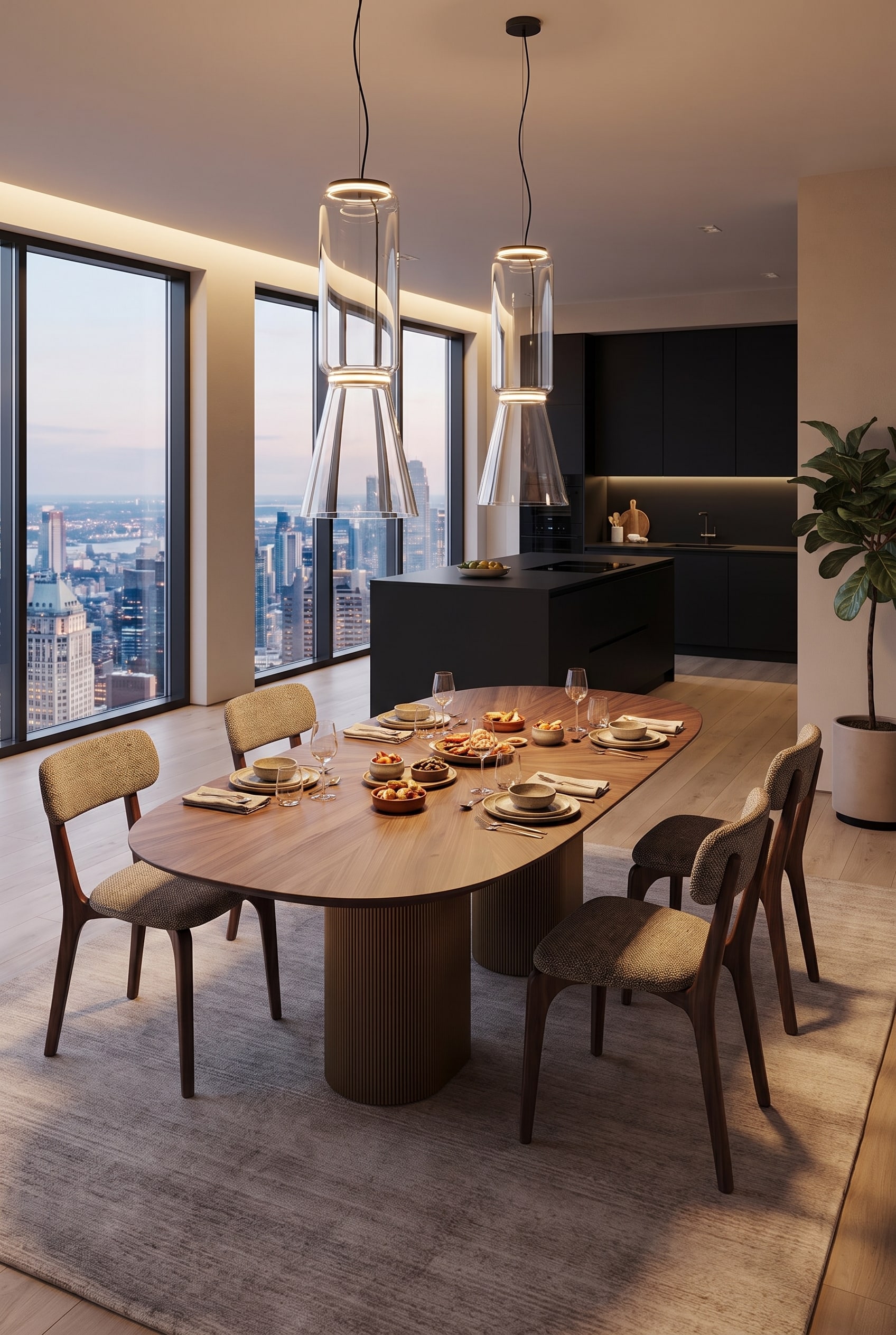 Salle &agrave; manger &eacute;l&eacute;gante avec une table ovale en bois &agrave; pied colonne cannel&eacute; et trois chaises rembourr&eacute;es en tissu &eacute;pais