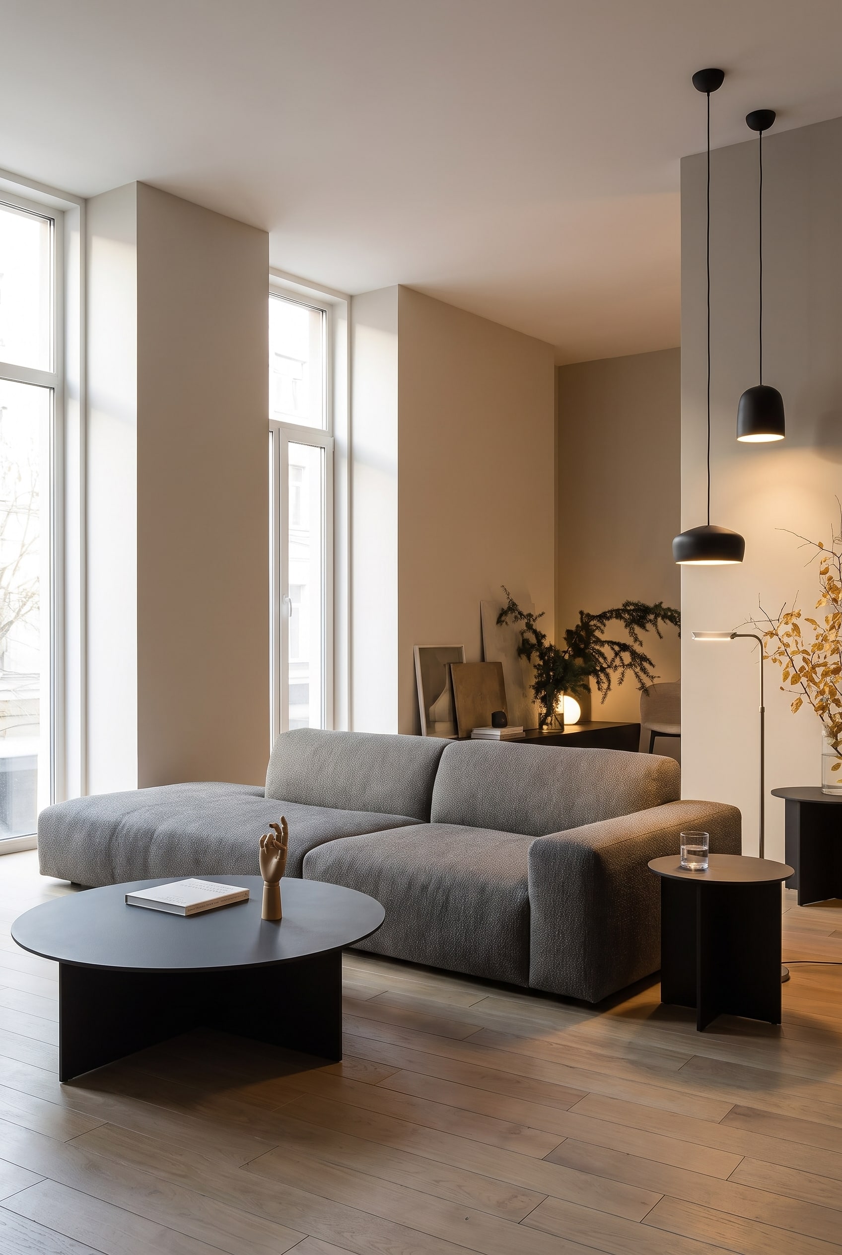 Ein cremefarbenes Prostoria Sofa Cloud in einem eleganten Wohnzimmer mit einer warmen, dunkleren Lehmwand im Hintergrund.