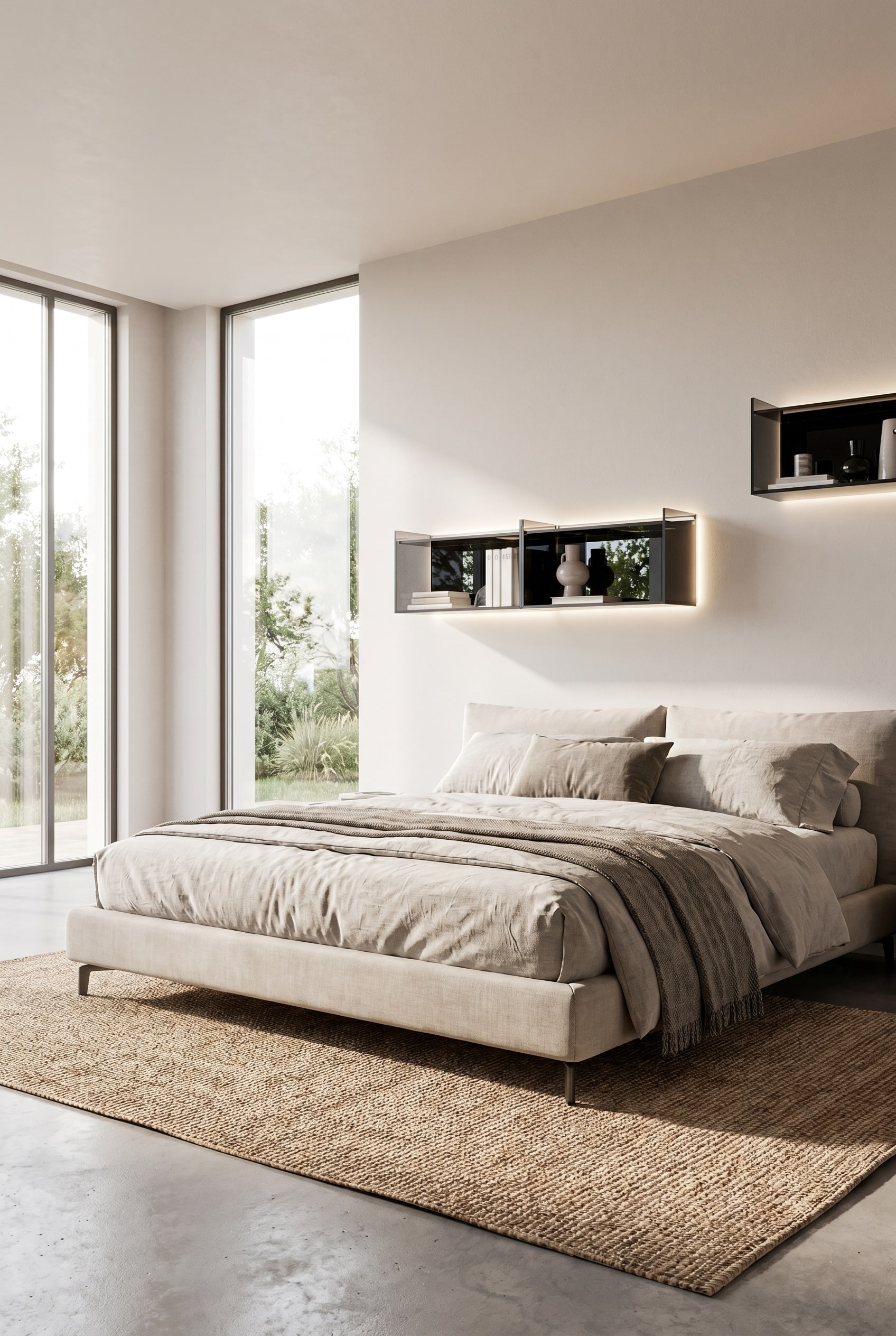Luxuriöses Schlafzimmer mit einem eleganten Livitalia Glas Wandregal aus Rauchglas, asymmetrisch über einem modernen Polsterbett montiert