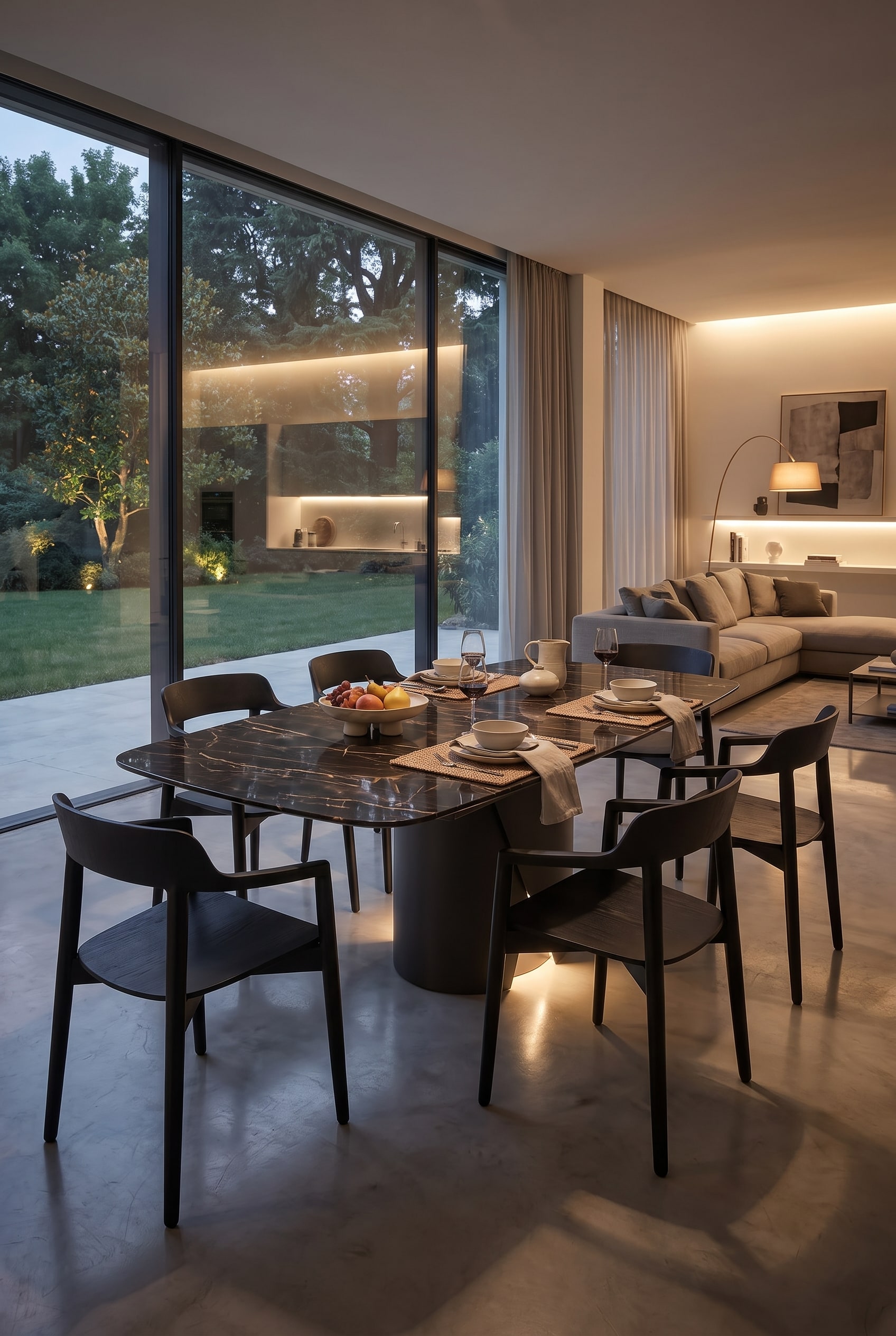 Modernes Esszimmer mit Keramik-Esstisch in dunkler Marmoroptik und vier modernen St&uuml;hlen