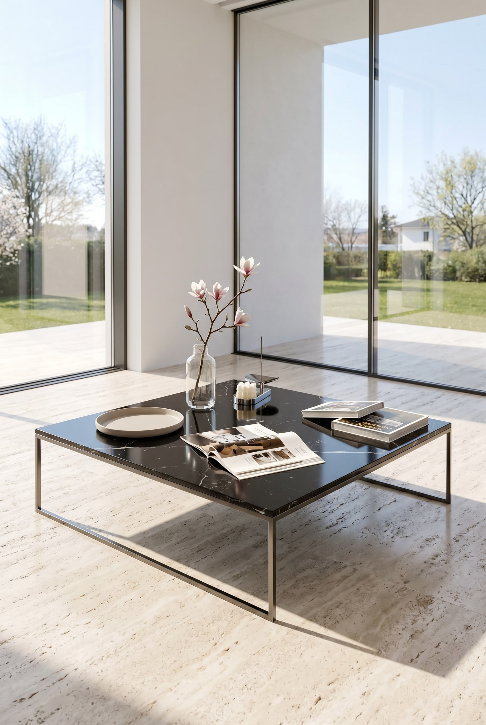 Minimalistischer Couchtisch mit d&uuml;nnem Metallrahmen und heller Marmorplatte, darauf eine Glasvase mit einem einzelnen Fr&uuml;hlingszweig