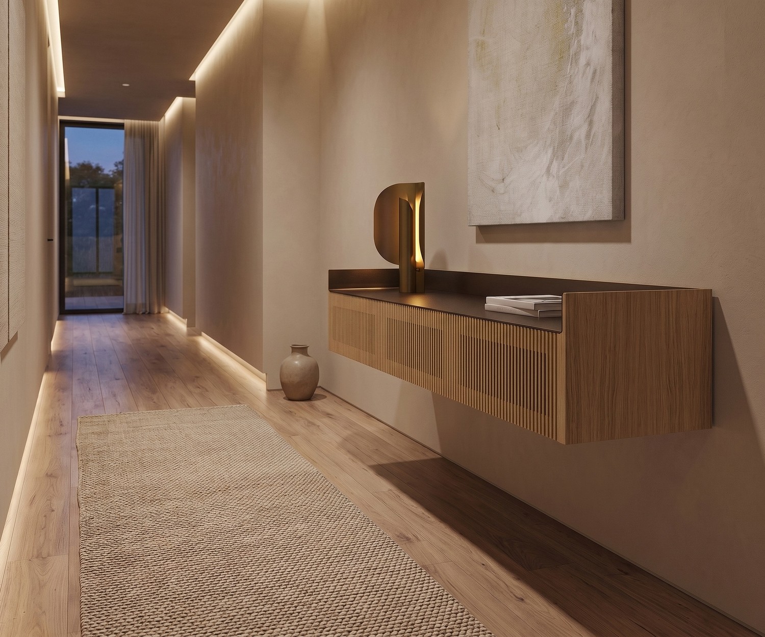 Punt Stockholm Slim Wand TV Sideboard hängend aus Holz im Flur mit indirekter Beleuchtung und modernem Design.
