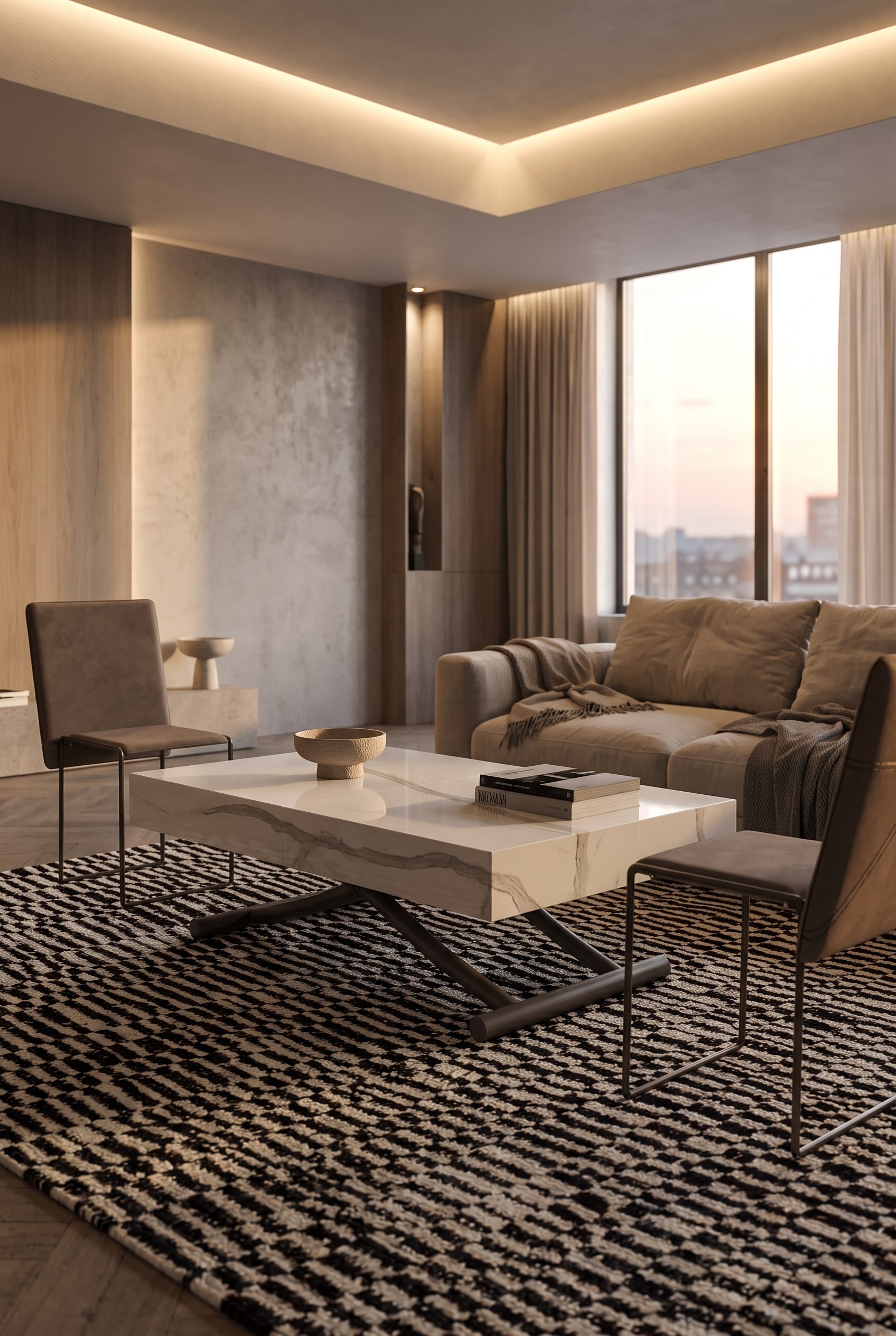 Elegantes Wohnzimmer mit höhenverstellbarem Couchtisch aus Holz auf einem strukturierten Teppich