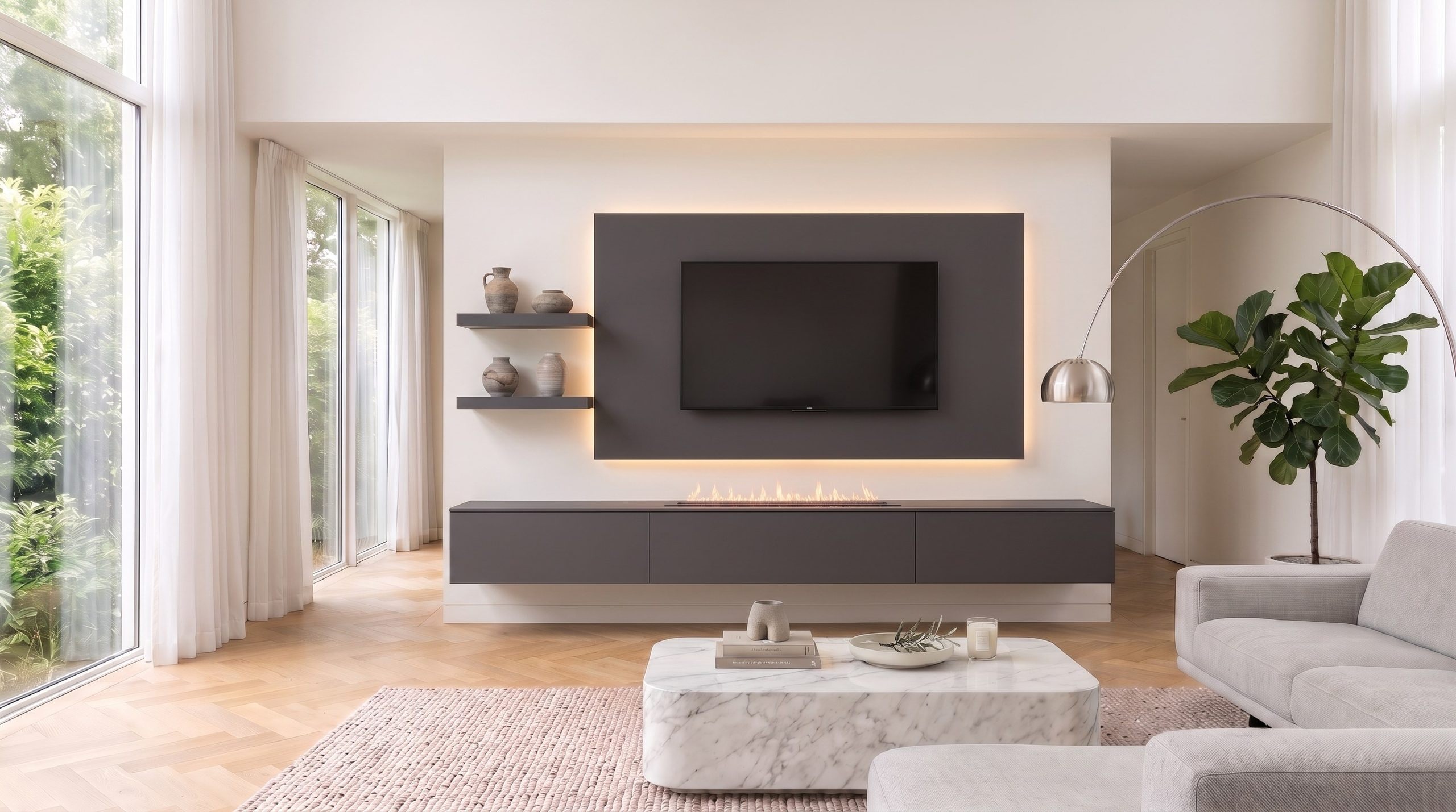 Livitalia Wohnwand C108 in Dunkelgrau mit Kamineinsatz im wandhängenden Lowboard, beleuchtetem TV-Paneel und zwei kurzen Wandboards