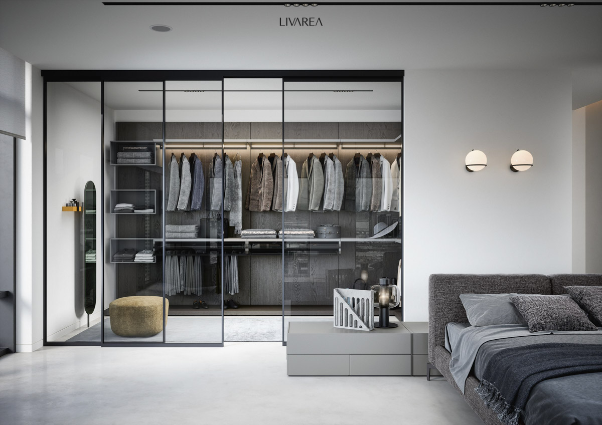 Offenes Kleiderschrank System zum Ankleiden mit offenen Boxen Offenes Kleiderschrank System zum Ankleiden mit offenen Boxen