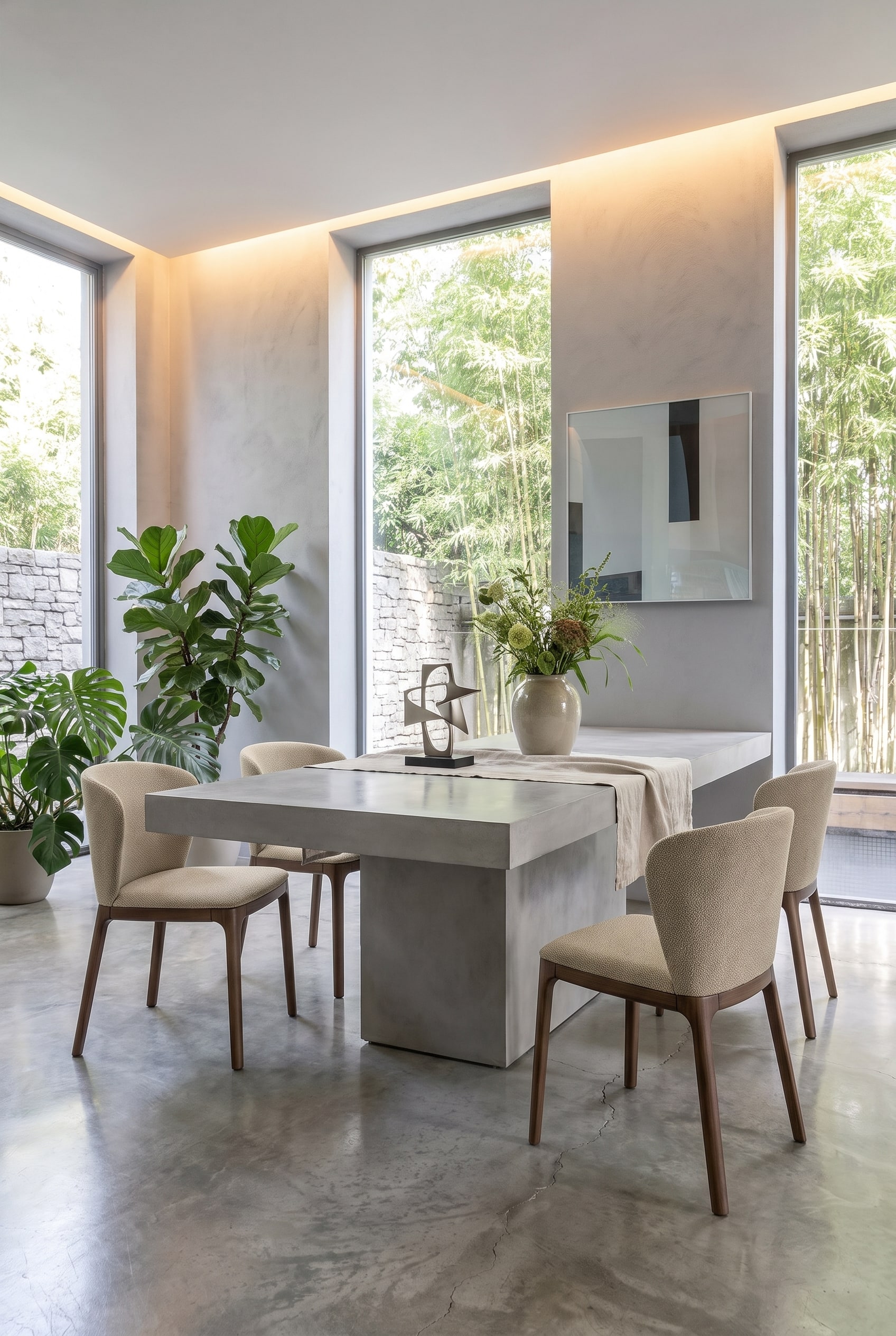 Salle &agrave; manger minimaliste avec une table en b&eacute;ton frais et une chaise rembourr&eacute;e en tissu beige avec des pieds en bois.