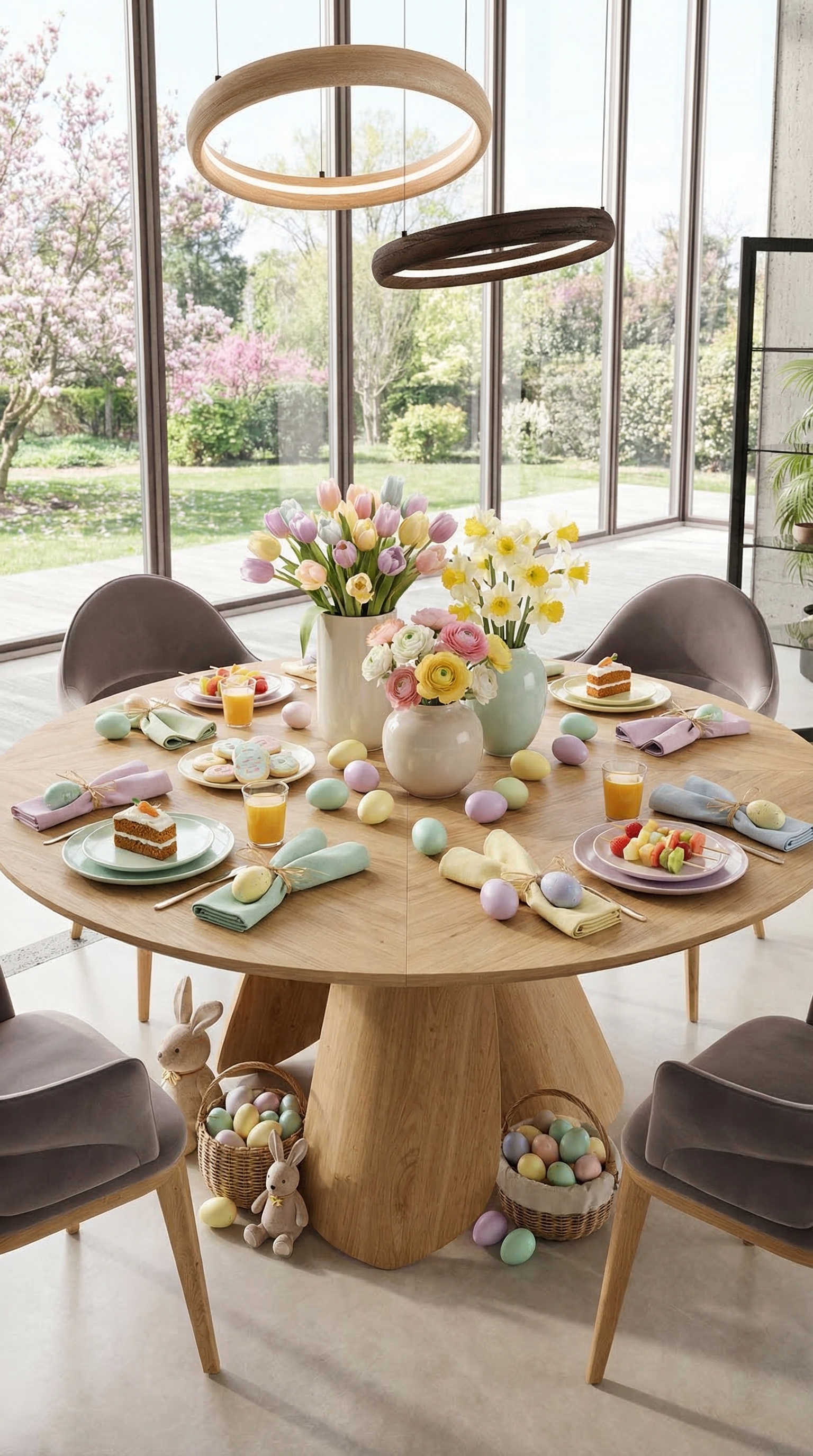 Une table &agrave; manger ronde avec une d&eacute;coration de P&acirc;ques adapt&eacute;e aux enfants dans des couleurs pastel et des lapins en serviettes.