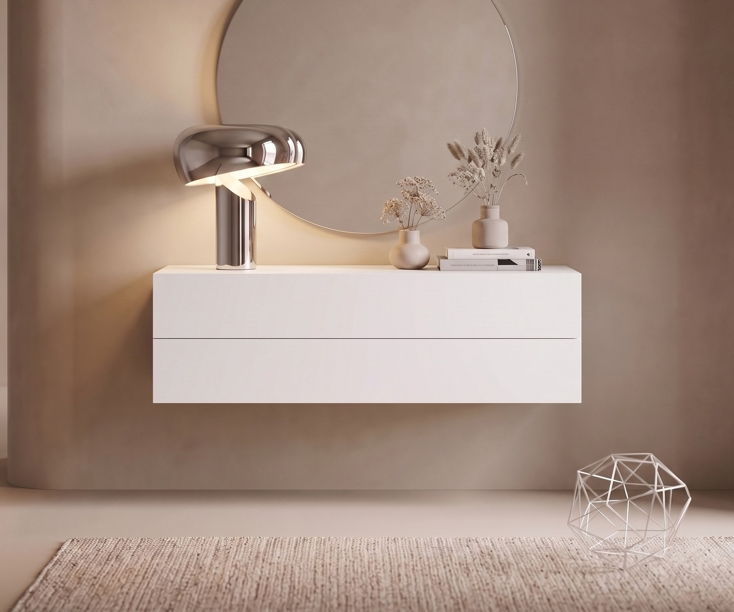 Hängekommode Easy 2er von Novamobili in Weiß Novamobili Hängekommode Easy 2er als moderner Flurschrank in Weiß, kombiniert mit rundem Spiegel und schicker Tischlampe.