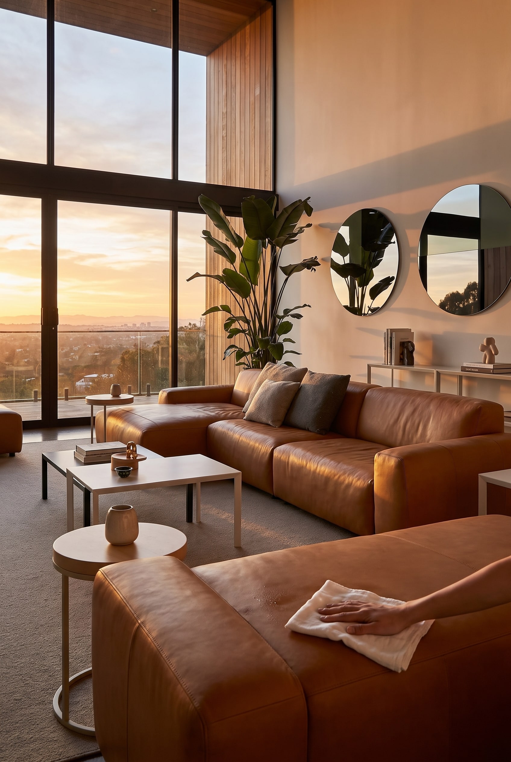Ein leicht angefeuchtetes weiches Baumwolltuch wischt schonend über die glatte Lederfläche eines modernen Sofas.