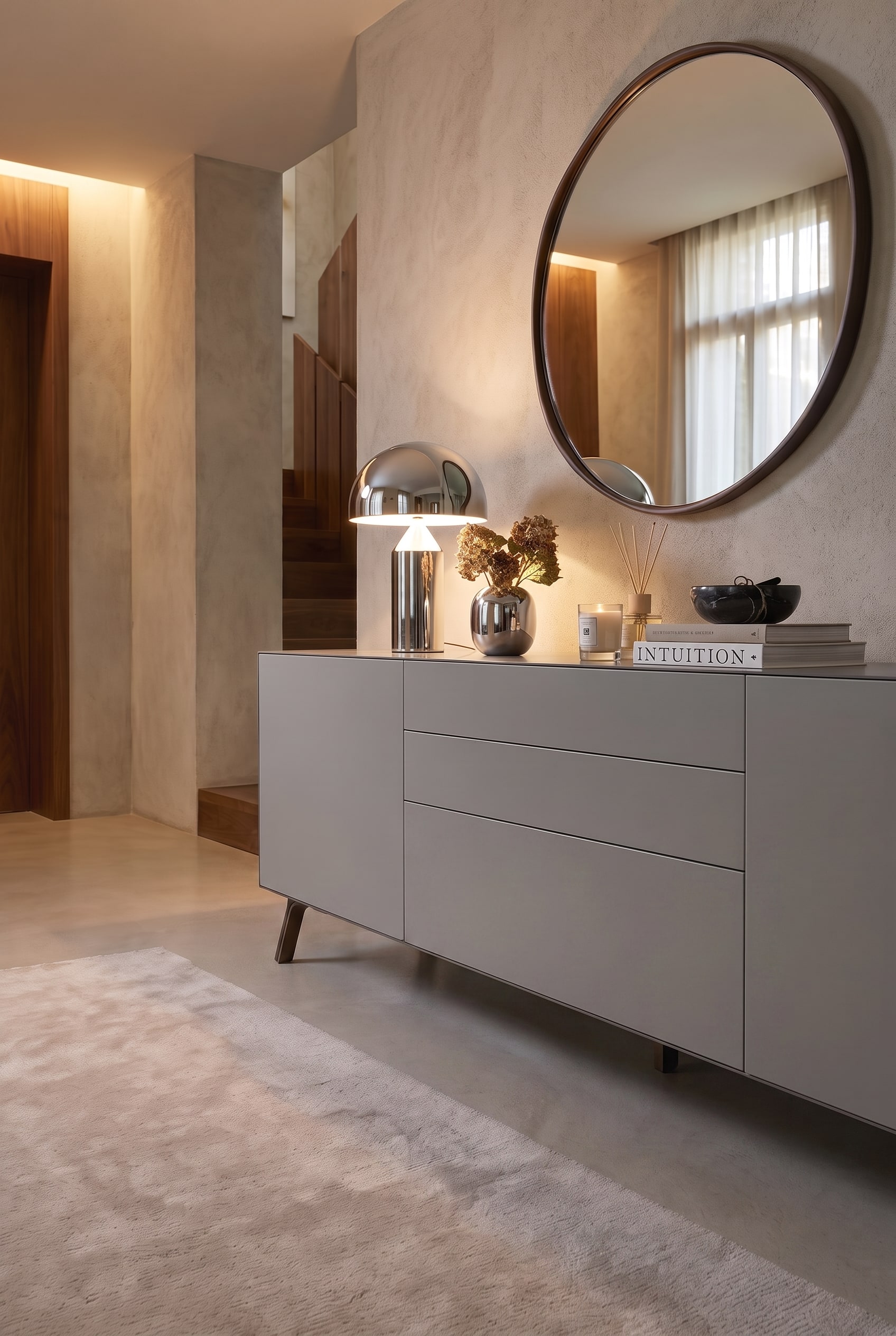 Buffet gris ferm&eacute; dans un couloir, avec un escalier en bois visible en arri&egrave;re-plan. Un tapis clair est pos&eacute; au sol.