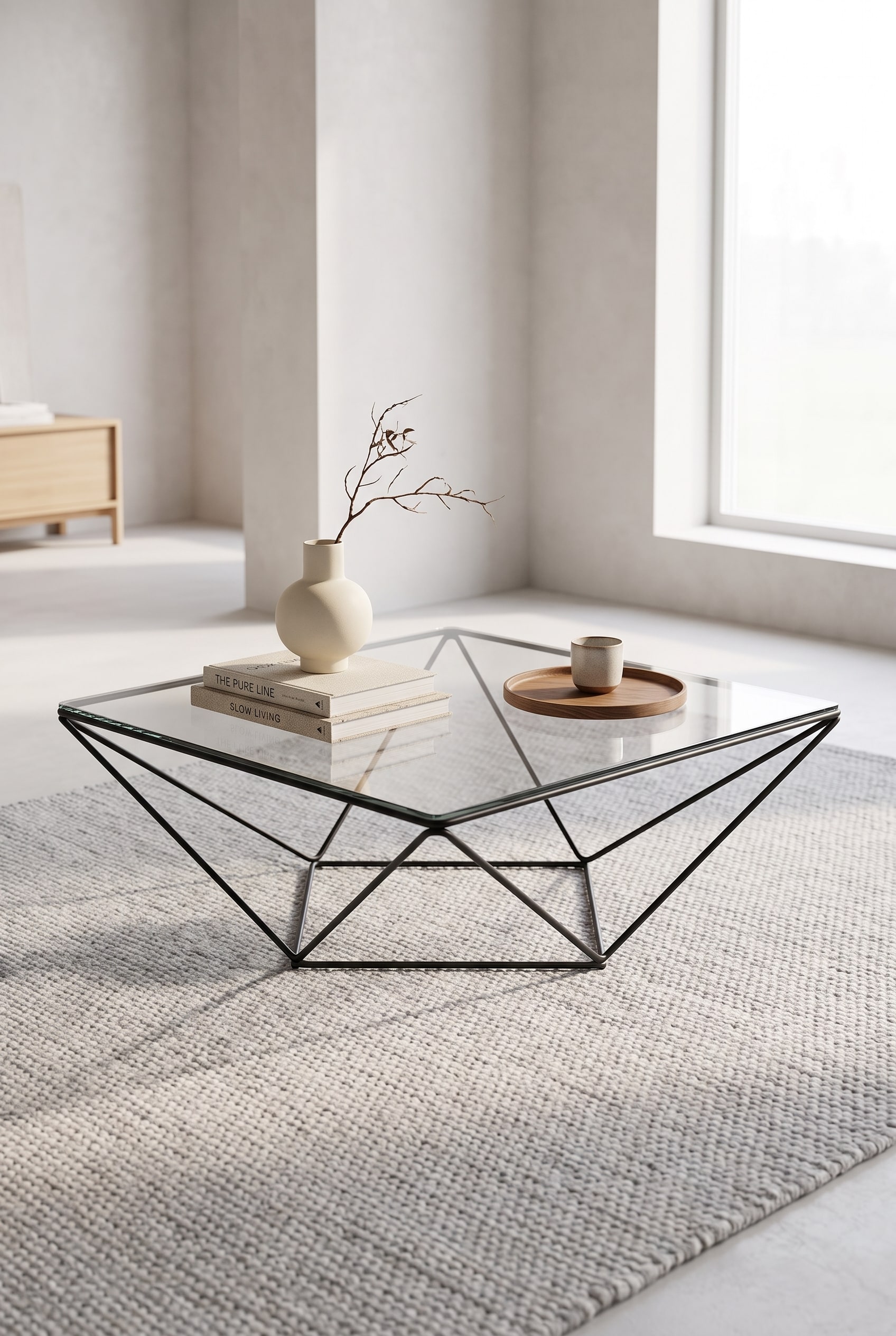 Salon avec une élégante table basse en verre, décorée de manière minimaliste avec une coupelle en bois et un vase mat.