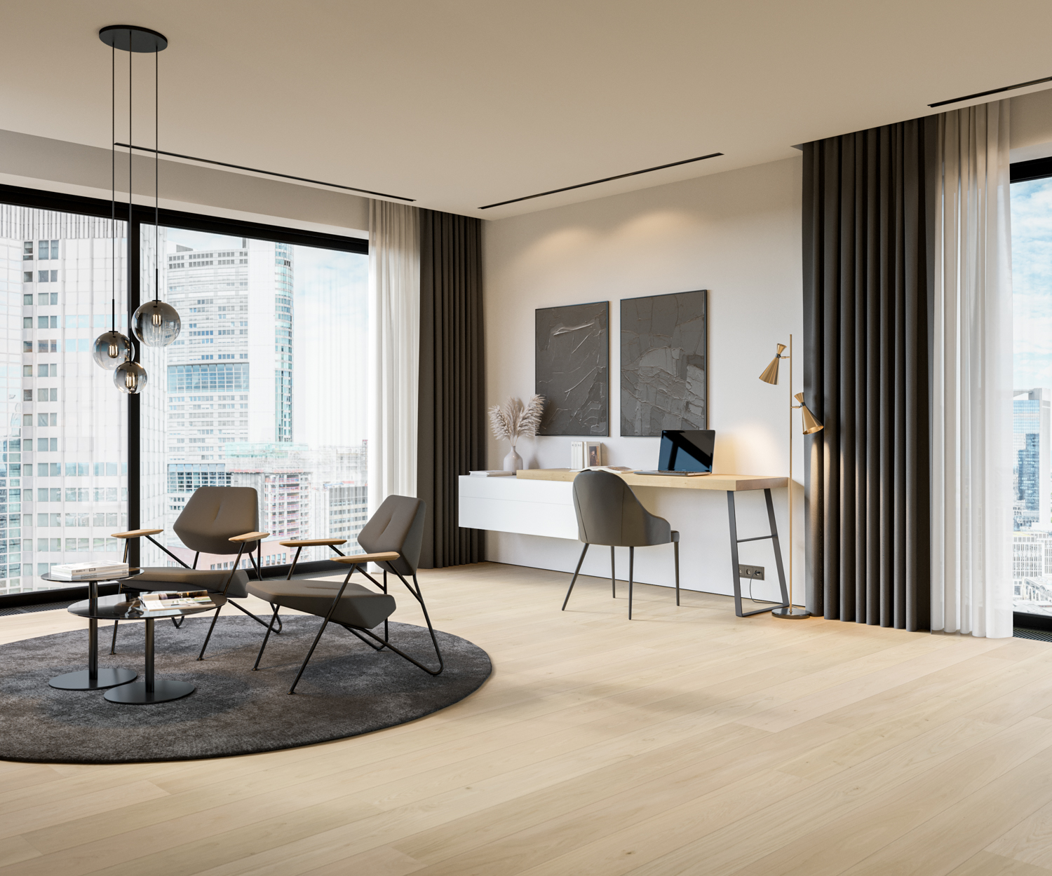 Luxuriöses Appartement mit modernem Schreibtisch und Sitzgruppe