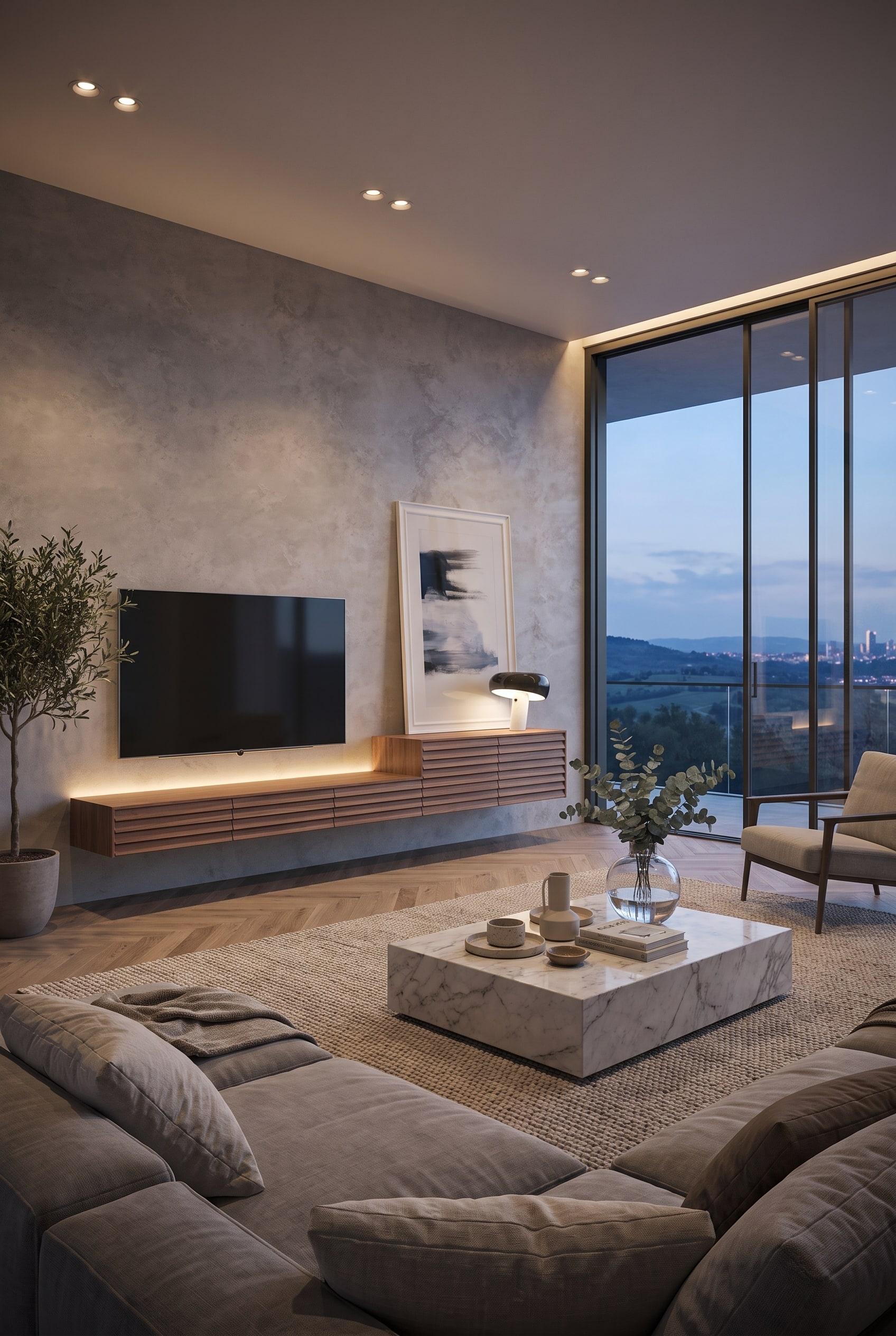 Wohnzimmer mit hängendem Lowboard mit vertikalen Holzlamellen-Fronten und gerichteten Decken-Spots