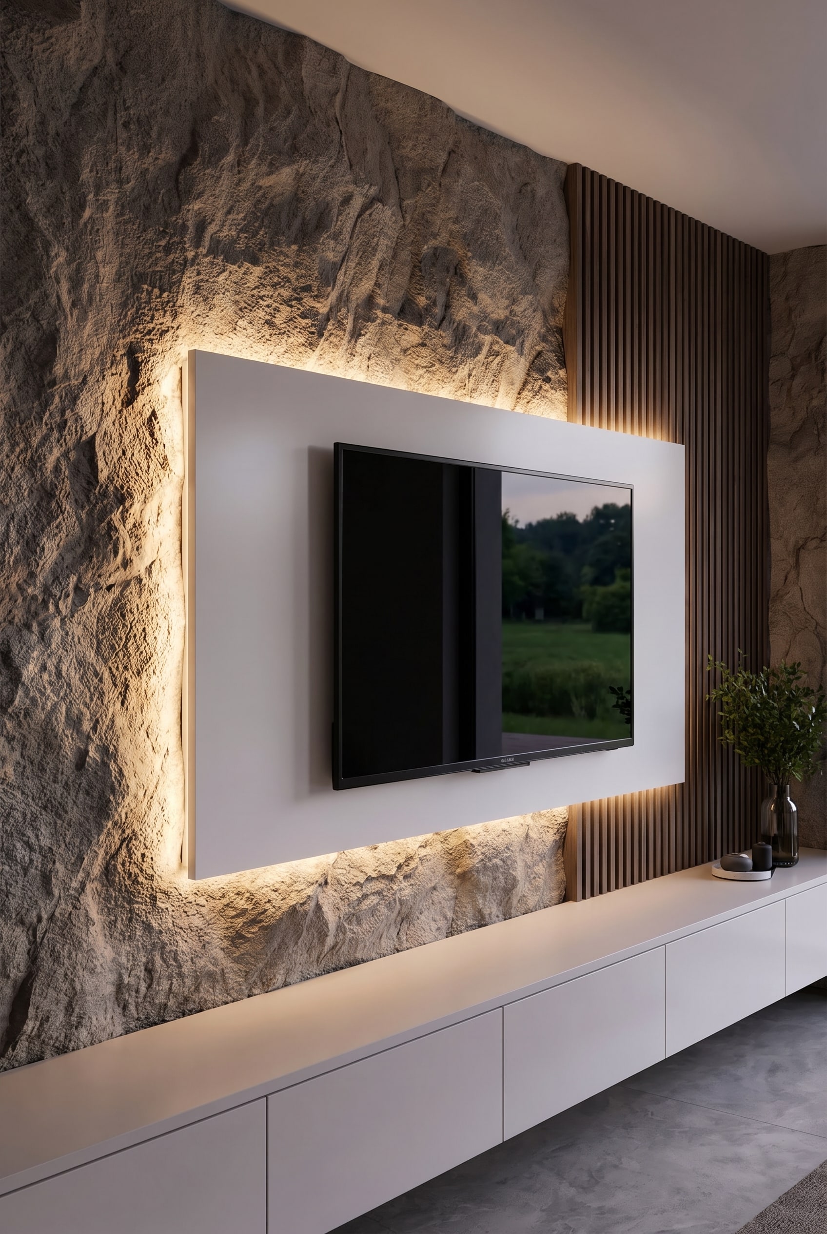 Vue détaillée d'un panneau mural TV avec joint creux et éclairage LED sur un mur en pierre naturelle brute, sans câbles visibles