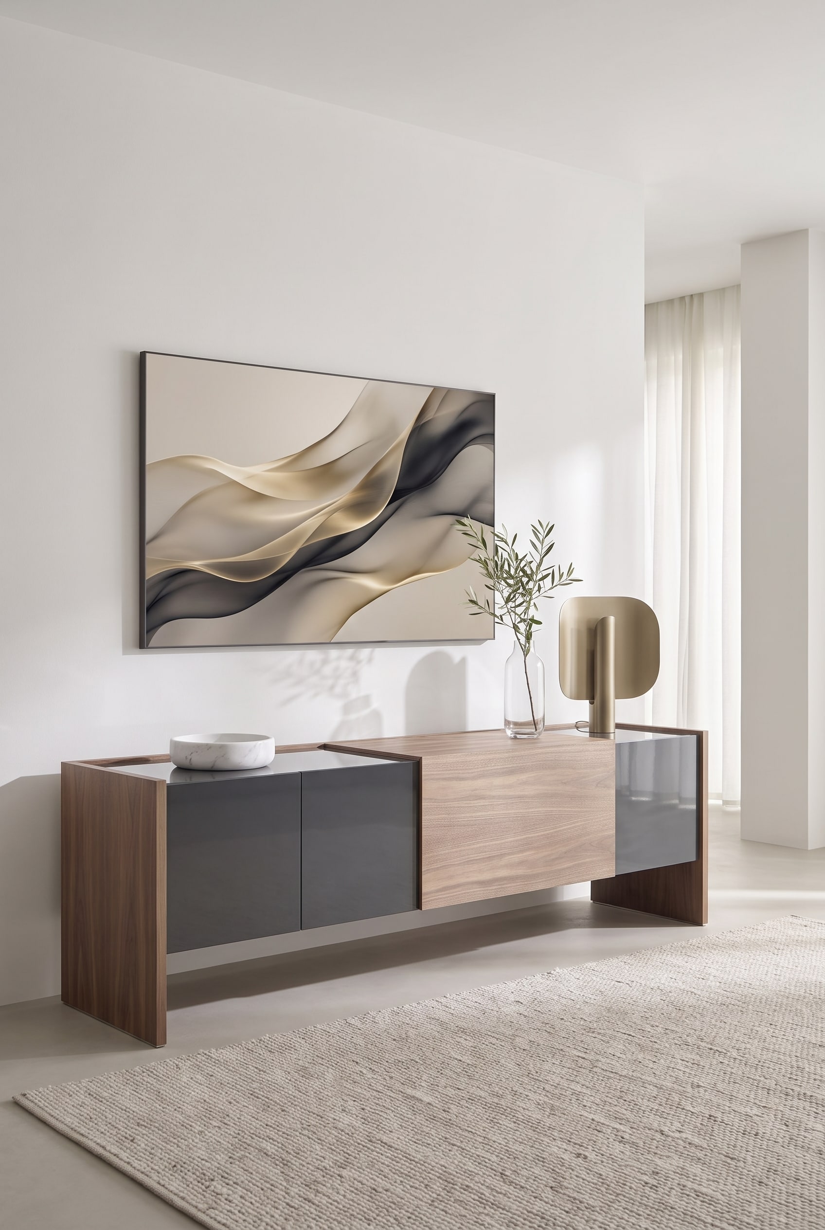 Un buffet &eacute;l&eacute;gant et minimaliste sous une t&eacute;l&eacute;vision murale, encadr&eacute;e comme un tableau d'art classique et affichant une image.