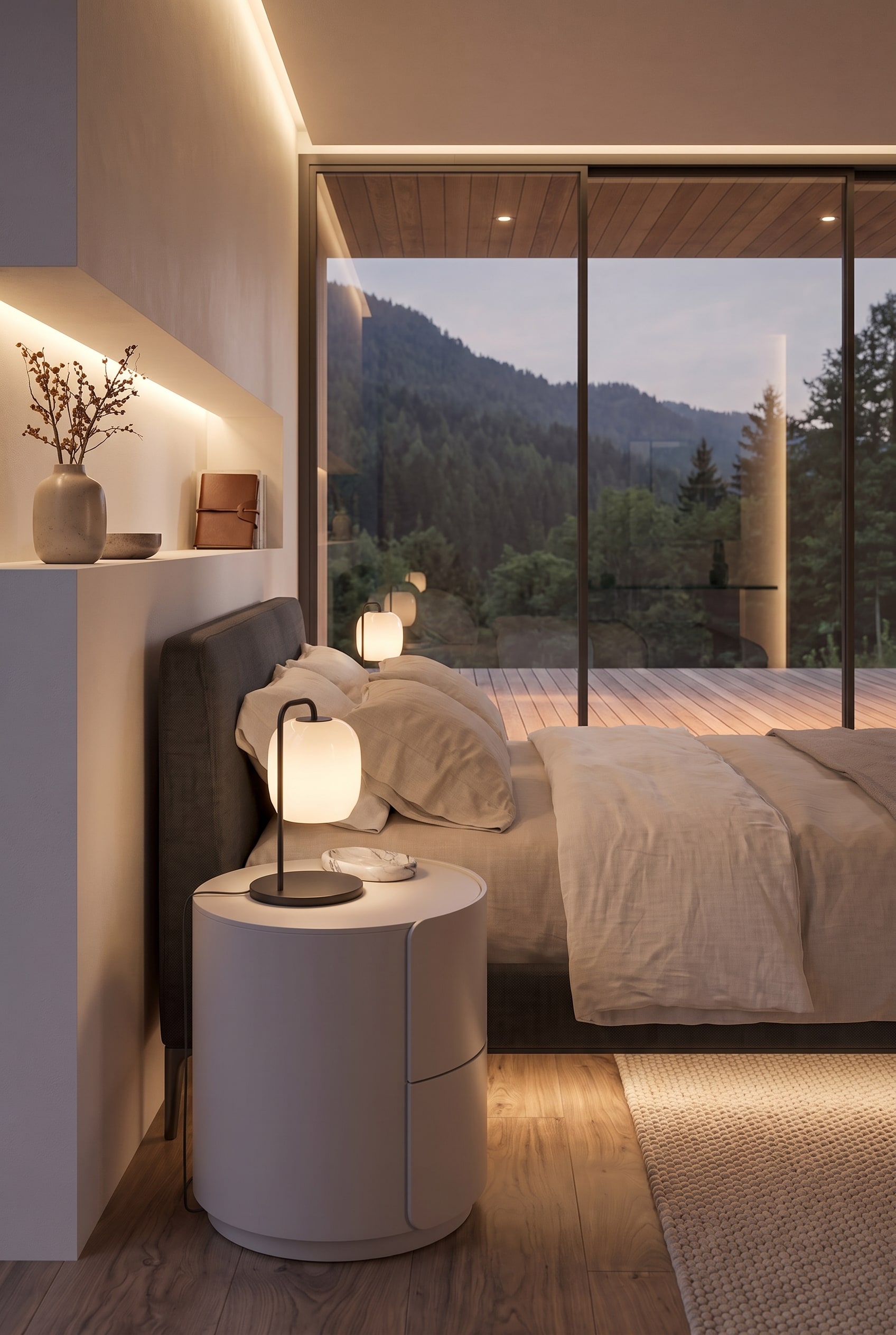 Runder Livitalia Nachttisch im Schlafzimmer vor einem großen Panoramafenster mit Blick auf einen Wald.