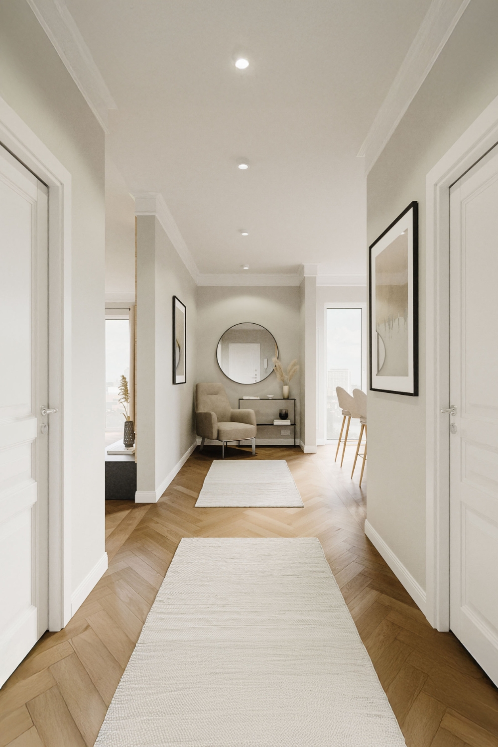 langer-heller-flur-mit-edler-konsole-rundem-spiegel-und-gepolstertem-sessel