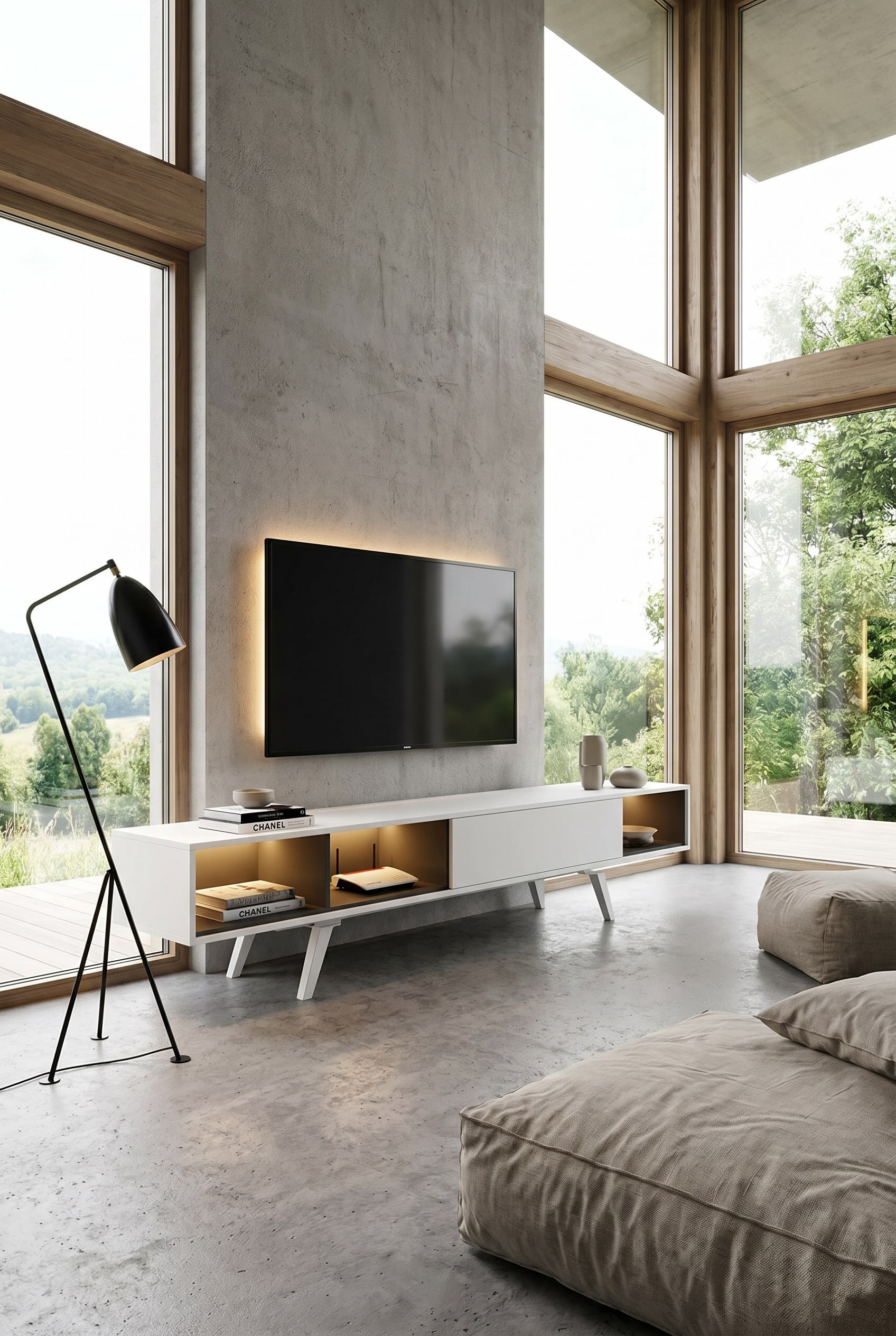 Coin lounge minimaliste avec un long meuble bas bicolore al2 e-klipse 005 en blanc et gris, et de grands coussins de sol
