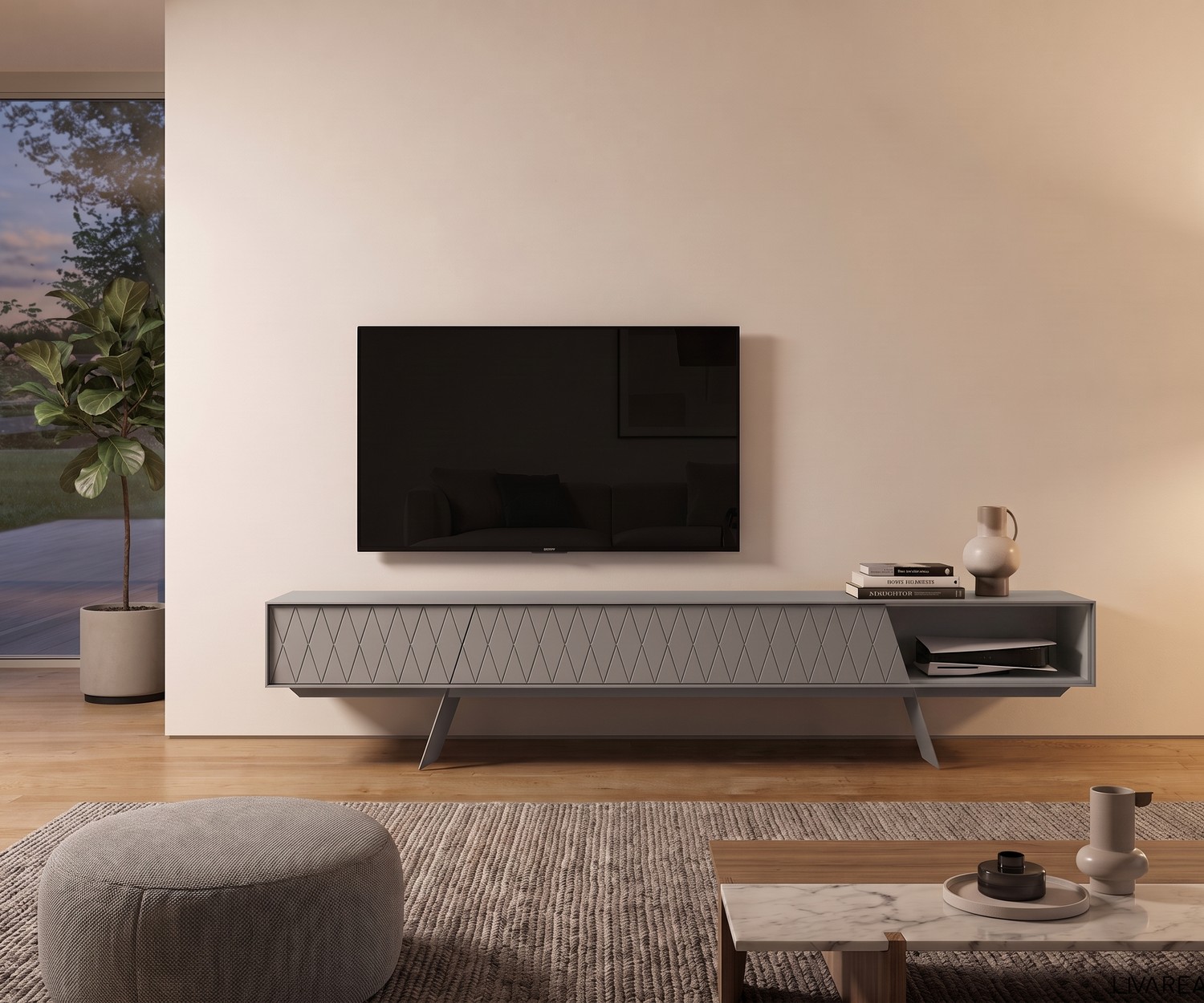 Meuble TV design e-klipse 008 avec motif de losanges Meuble TV bas al2 e-klipse 008 dans un salon. Buffet bas moderne gris à motif losanges avec piètement élégant.