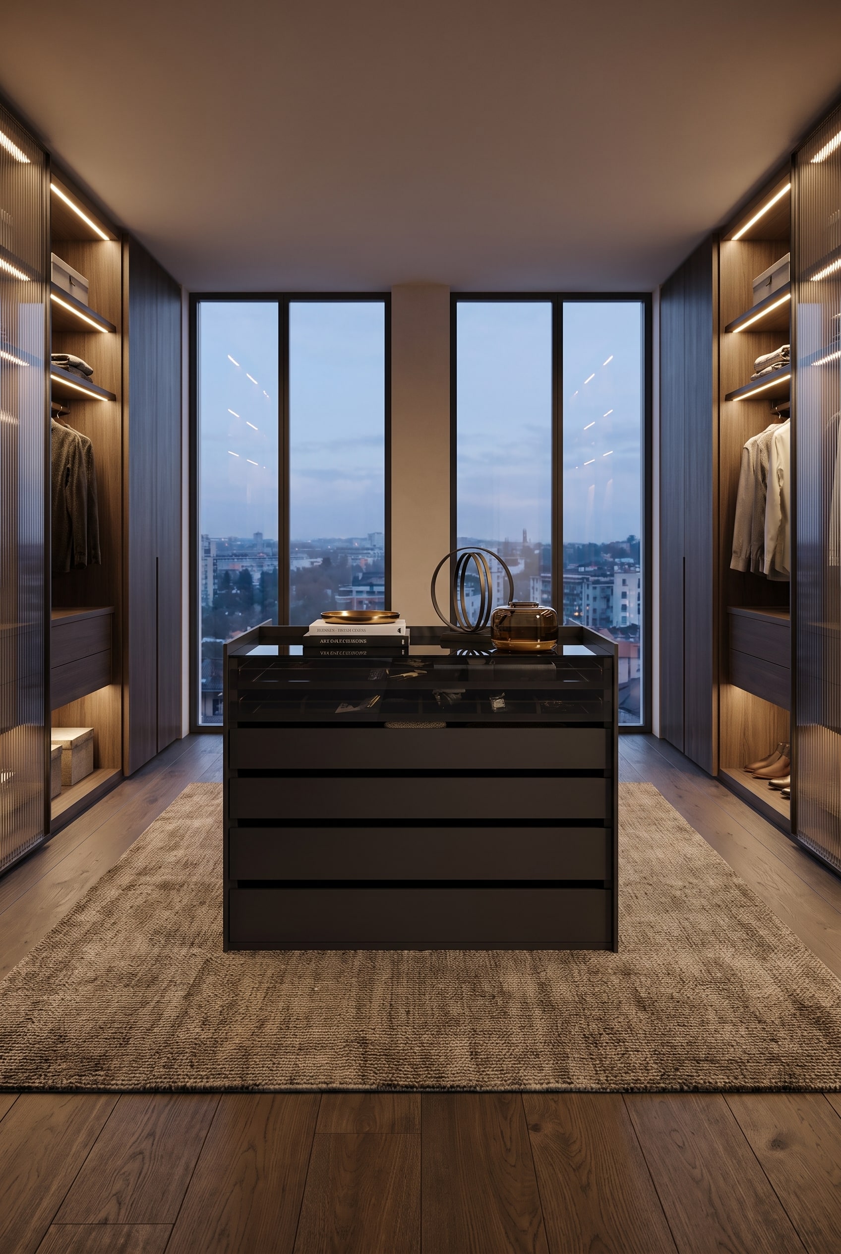 Dressing luxueux avec un îlot-armoire autoportant en bois foncé, surmonté d'une plaque de verre, entouré d'une lumière chaude