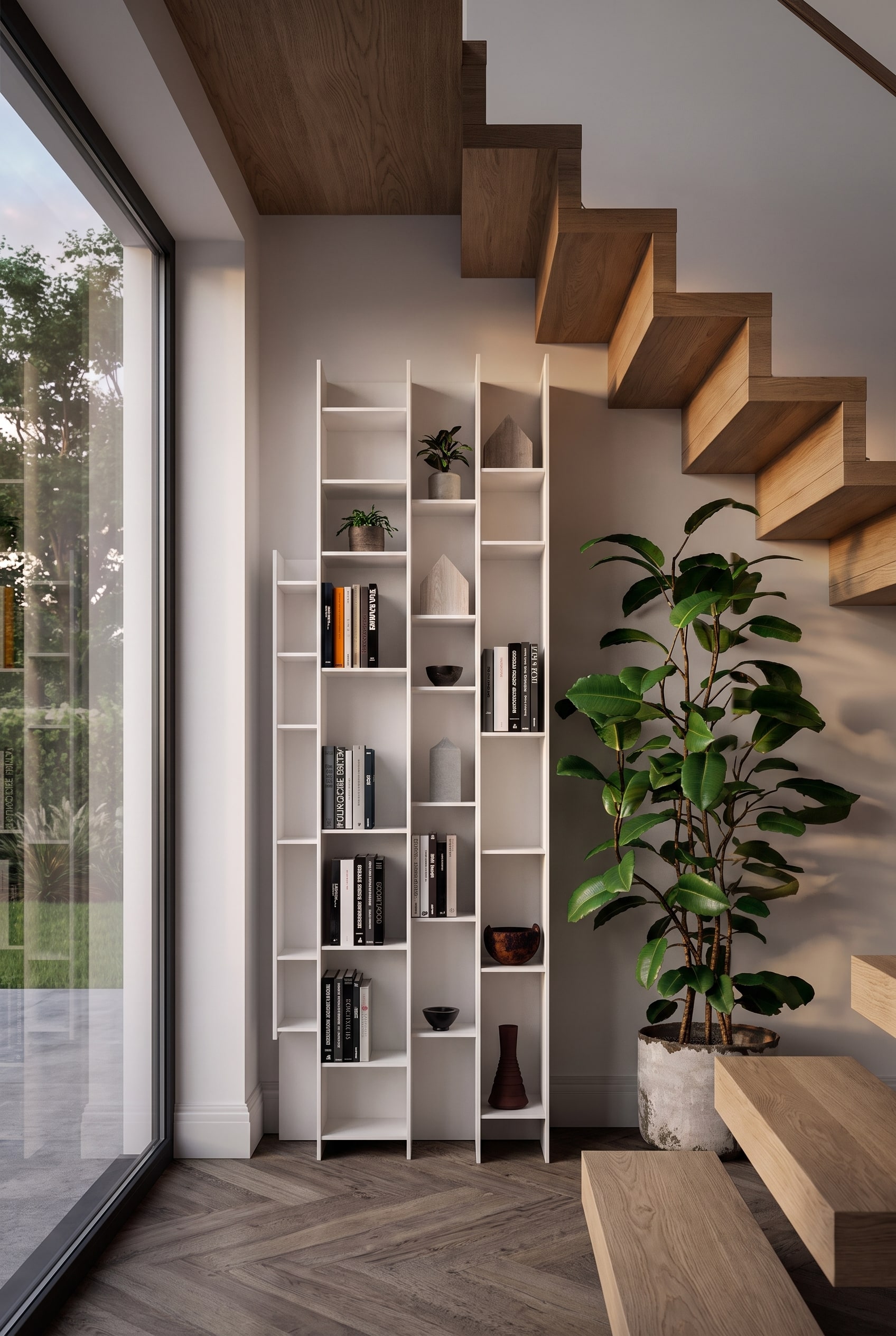 Une cage d'escalier ouverte avec une &eacute;l&eacute;gante &eacute;tag&egrave;re en verre servant de s&eacute;parateur de pi&egrave;ce, qui utilise de mani&egrave;re optimale l'espace sous l'escalier en bois pour les livres et la d&eacute;coration.