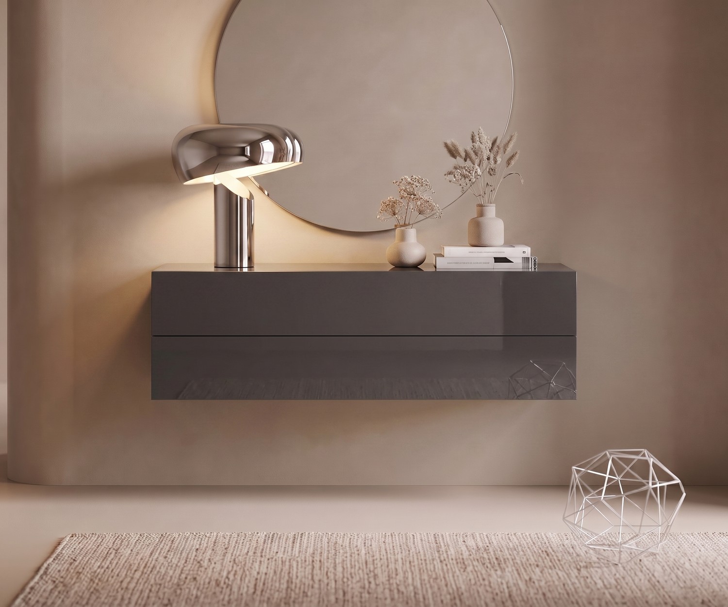 Commode suspendue Novamobili Easy gris quartz Commode suspendue Easy par Novamobili pour l'entrée, meuble mural moderne en gris quartz brillant avec miroirs et vases.