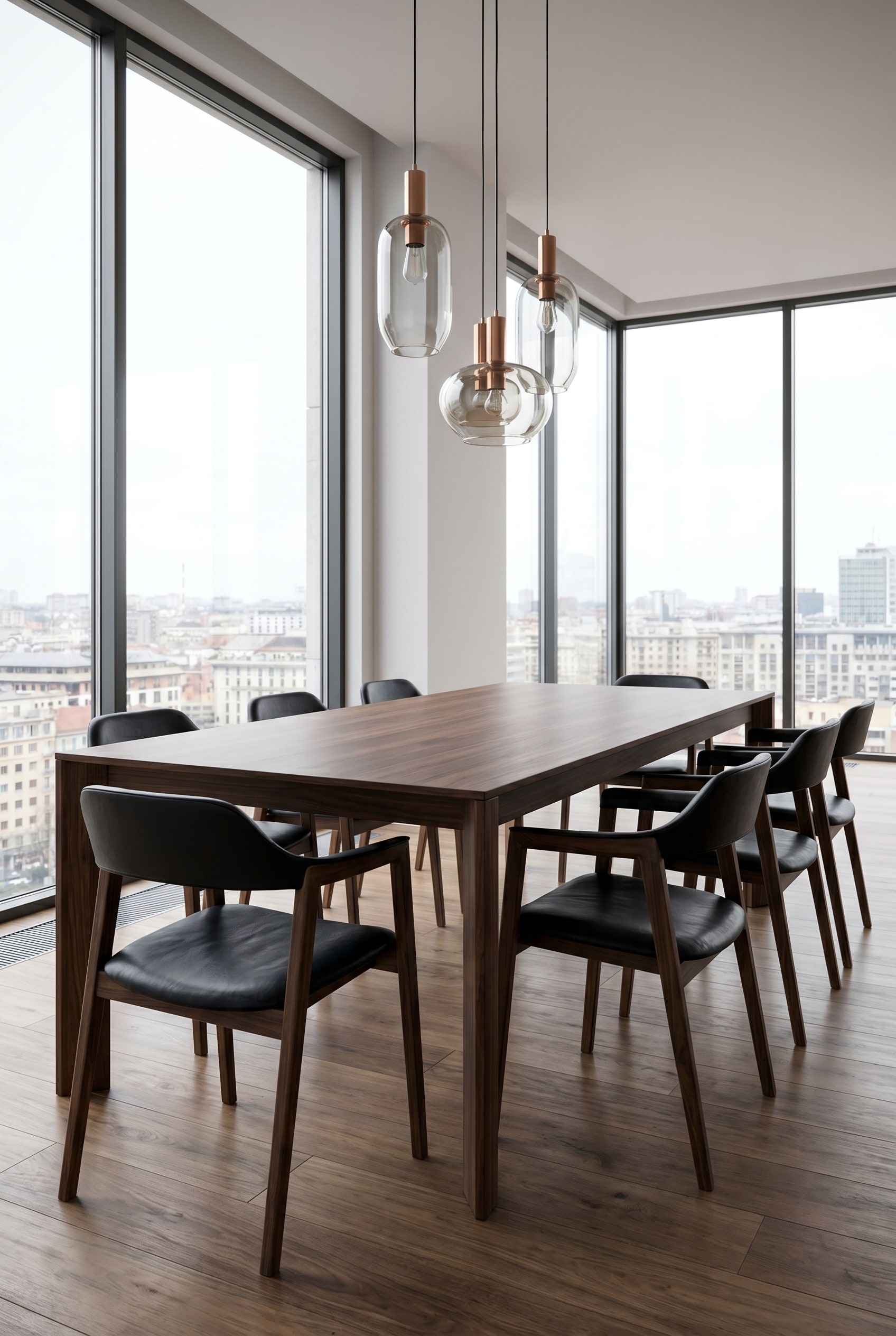 Salle à manger loft moderne avec trois suspensions en verre et fauteuil en noyer foncé avec cuir noir à la table en bois