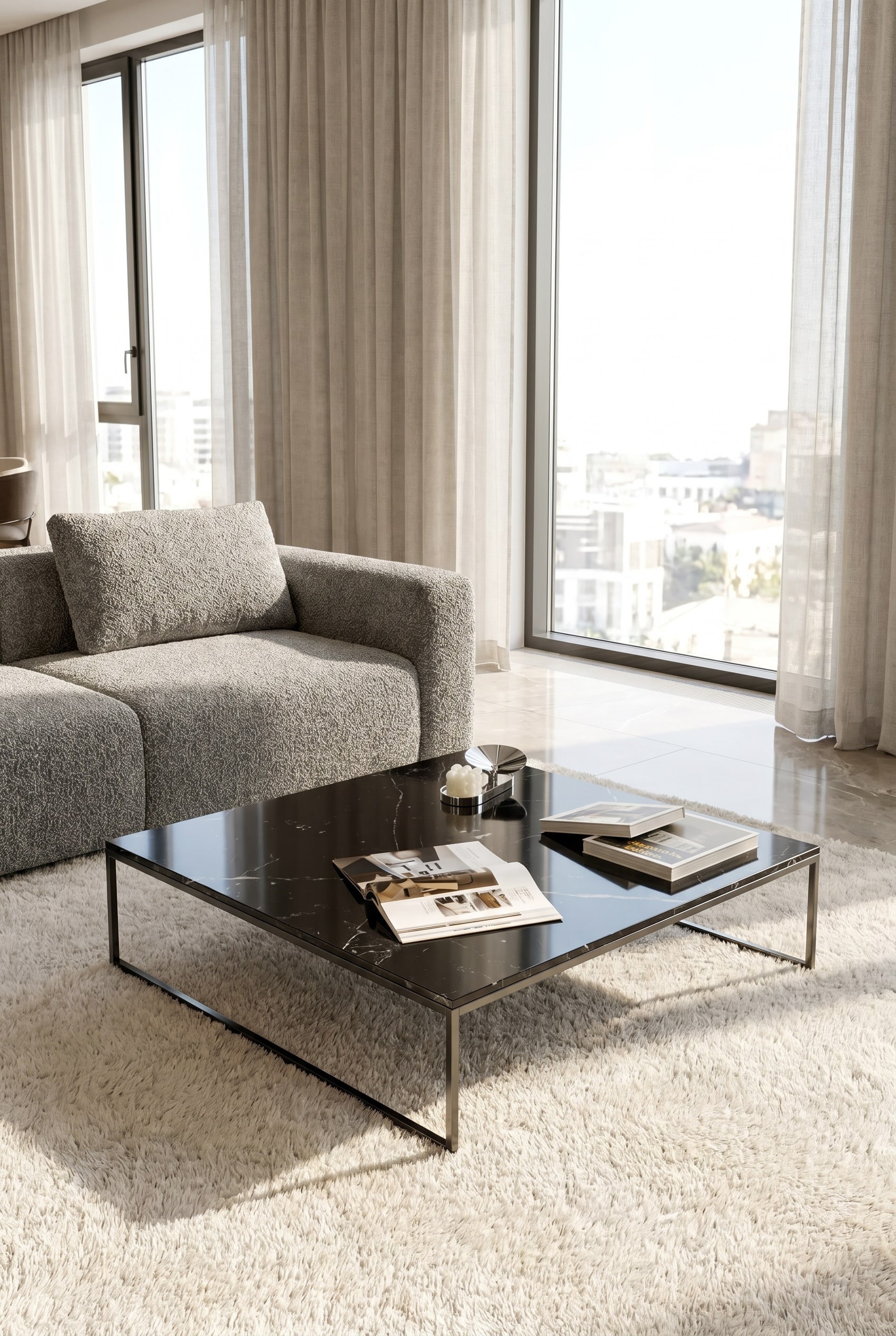 Table basse en marbre Livitalia Frame sur un tapis clair à poils longs devant des fenêtres pleine hauteur dans un salon moderne Table basse en marbre Livitalia Frame sur un tapis clair à poils longs devant des fenêtres pleine hauteur dans un salon moderne