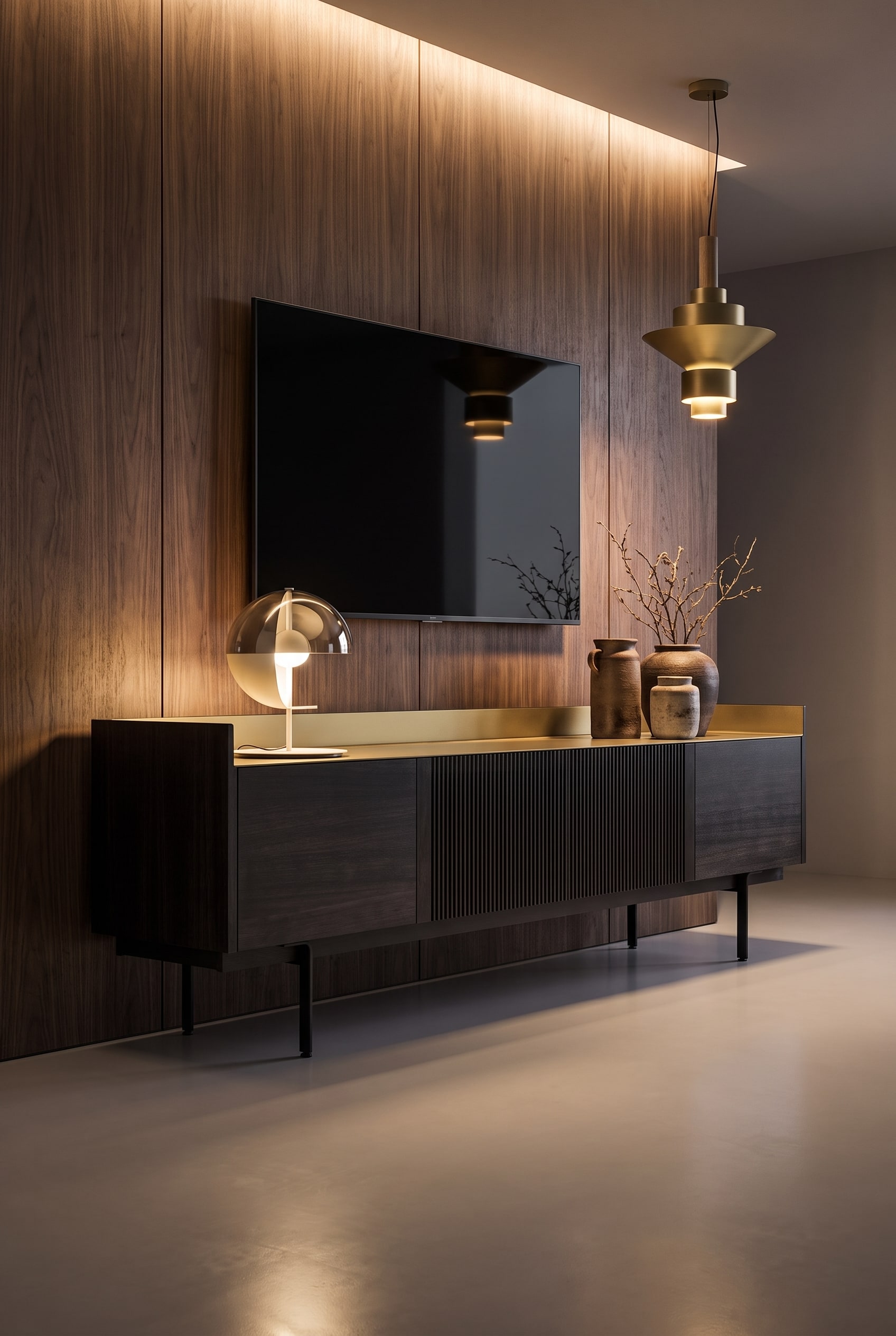 Vue détaillée d'un meuble TV bas en bois avec façades rainurées, récipients en céramique avec des branches séchées et un mur en bois éclairé par LED au-dessus