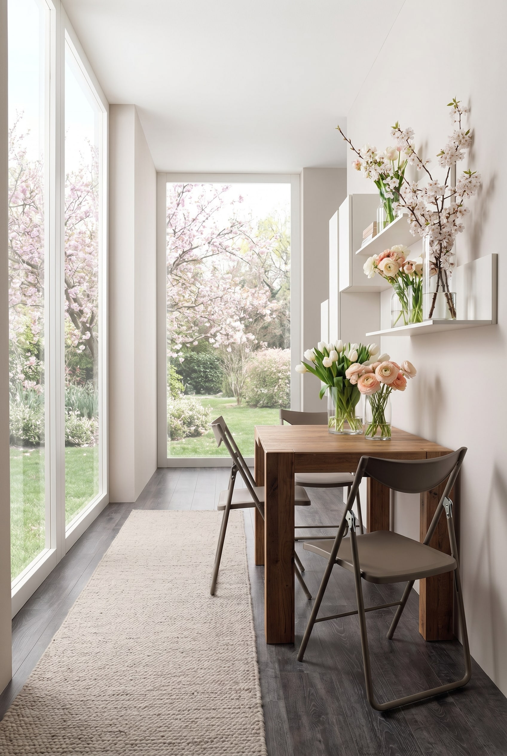 Entr&eacute;e compacte avec console en bois rustique extensible, deux chaises de salle &agrave; manger pliantes taupe, &eacute;tag&egrave;res murales flottantes et un tapis clair