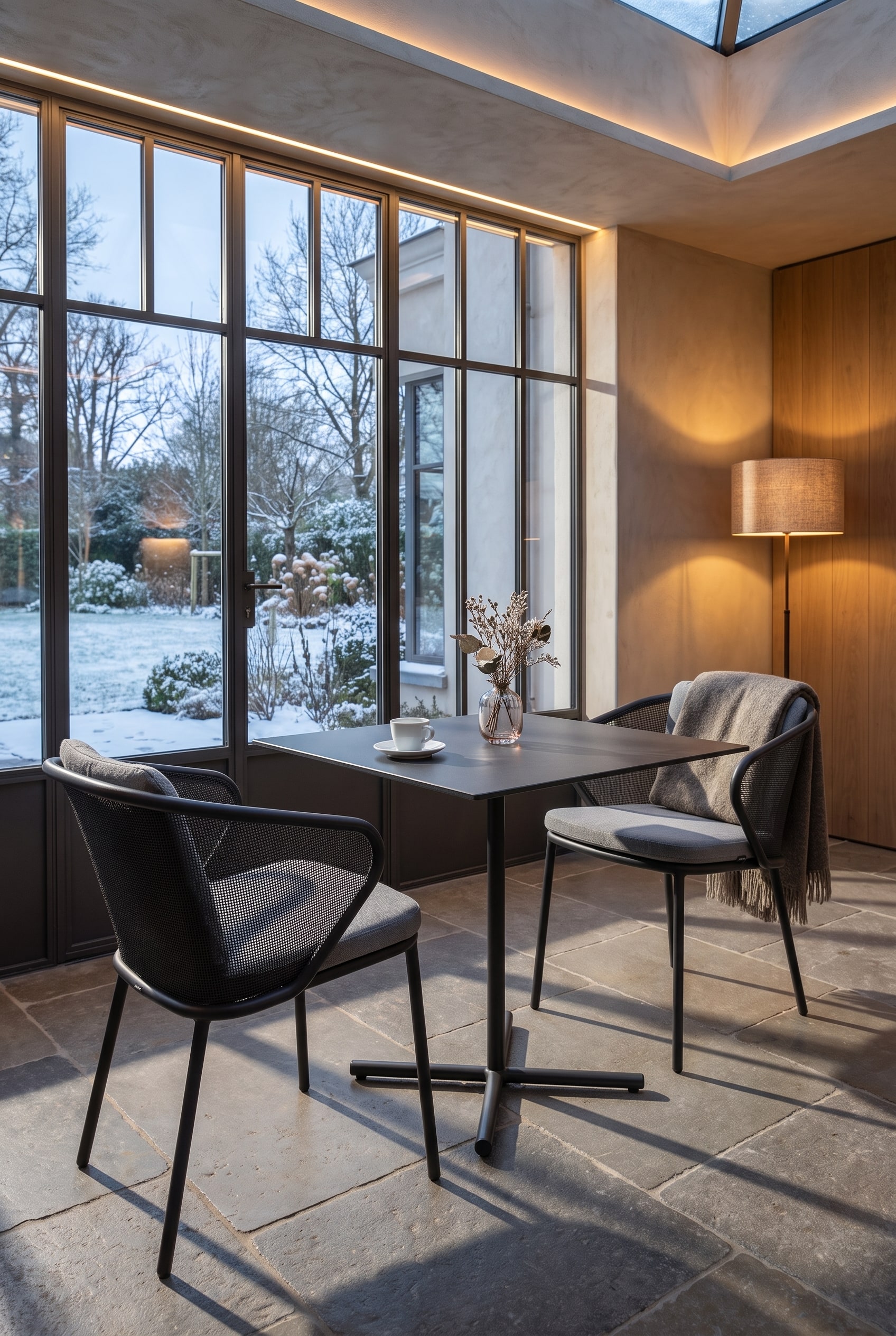 Table de bistrot délicate en graphite foncé avec un pied central et deux chaises modernes dans un coin ensoleillé du jardin d'hiver. Une tasse d'espresso est posée sur la table.