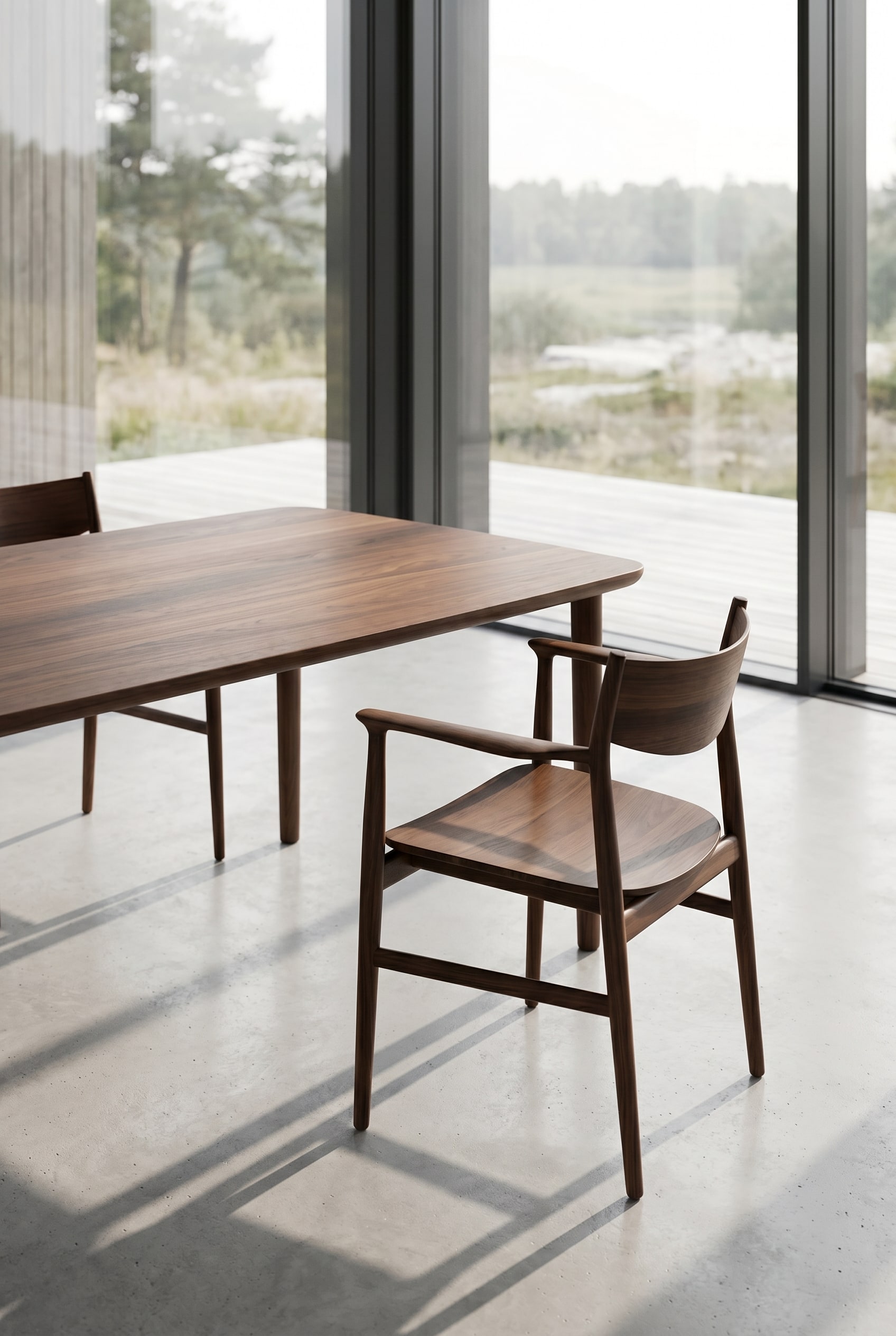 Salle &agrave; manger &eacute;l&eacute;gante avec fauteuil minimaliste en bois fonc&eacute; et grande table en noyer