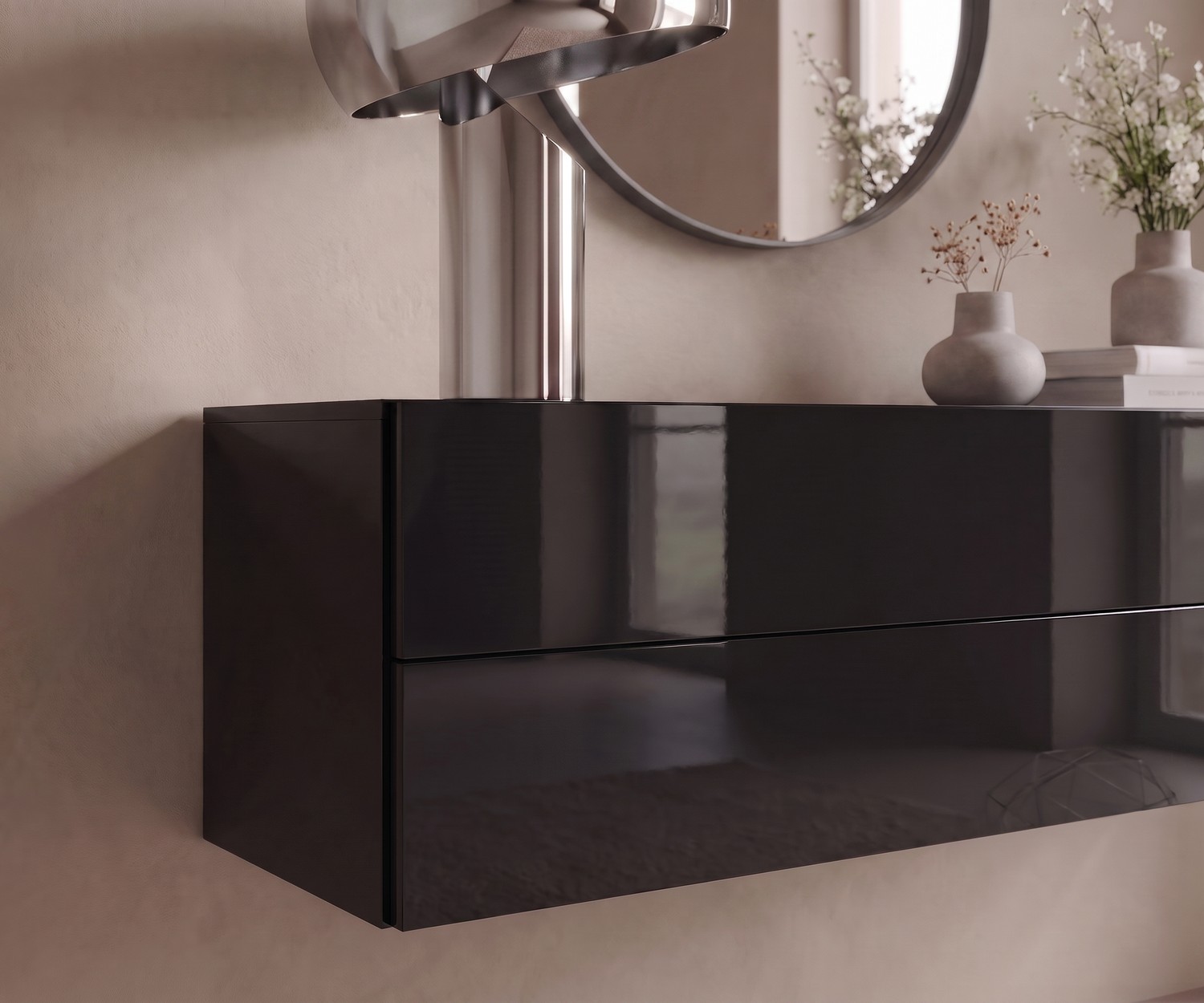 Commode suspendue Novamobili Easy en noir brillant Commode suspendue Novamobili Easy pour entrée, buffet mural moderne en noir brillant pour un intérieur minimaliste.