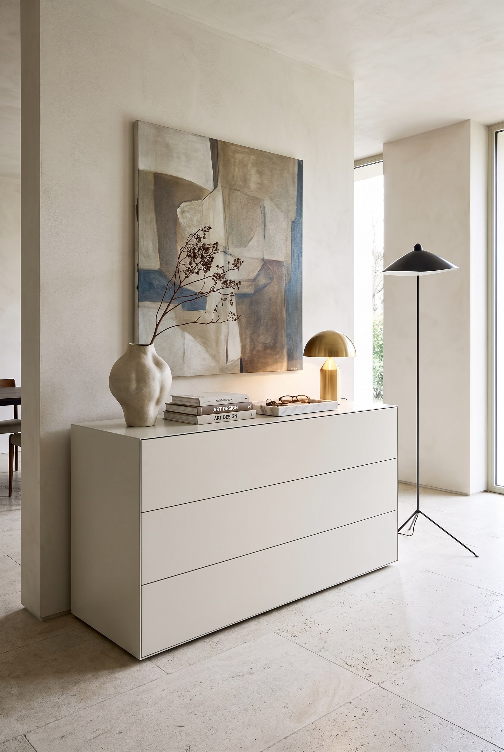 Une commode moderne dont la surface de rangement est harmonieusement reli&eacute;e aux panneaux muraux sup&eacute;rieurs gr&acirc;ce &agrave; une d&eacute;coration cibl&eacute;e et une lampe de table.