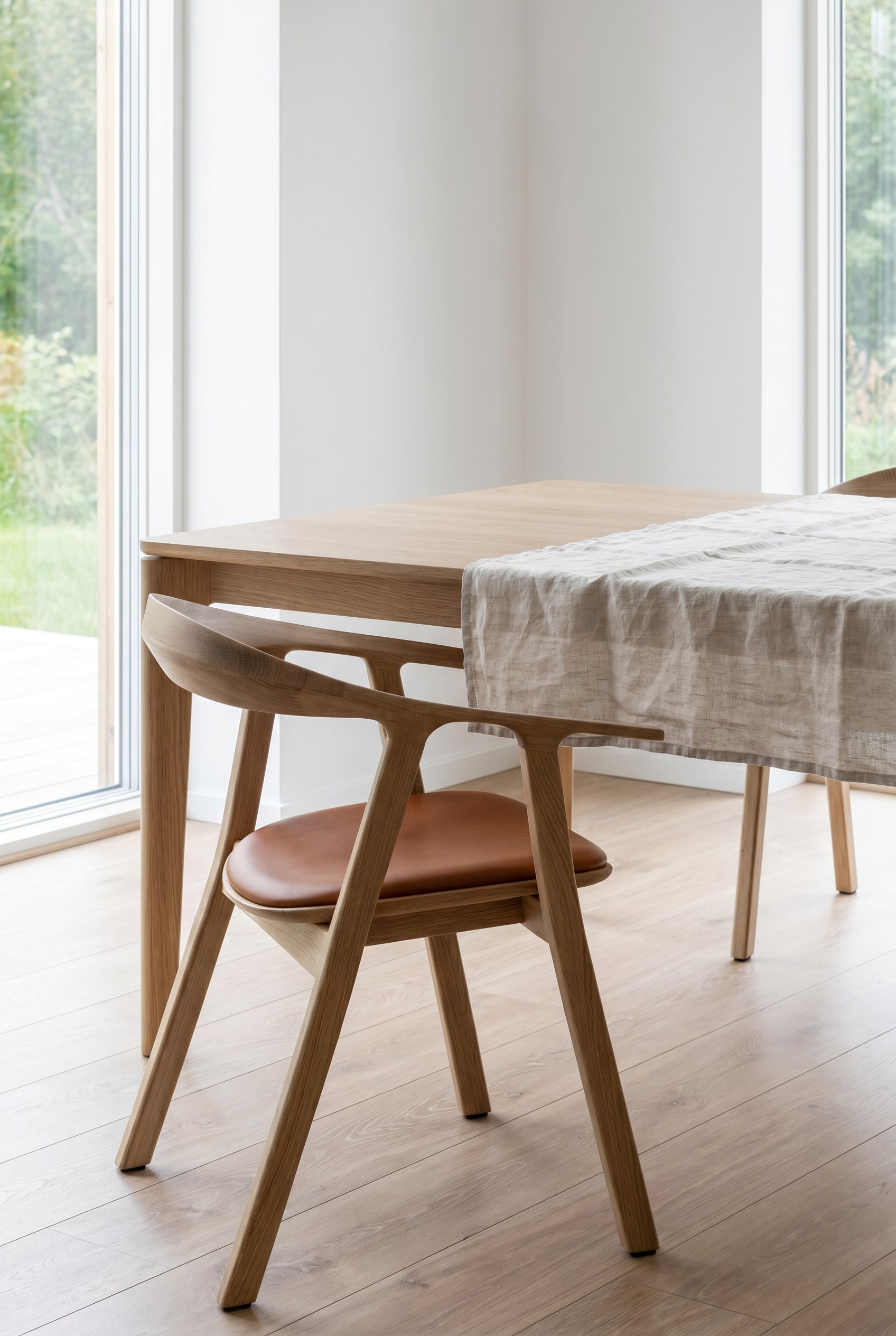 Salle à manger scandinave avec chaise en bois massif en chêne et rembourrage en cuir couleur cognac à la table en bois