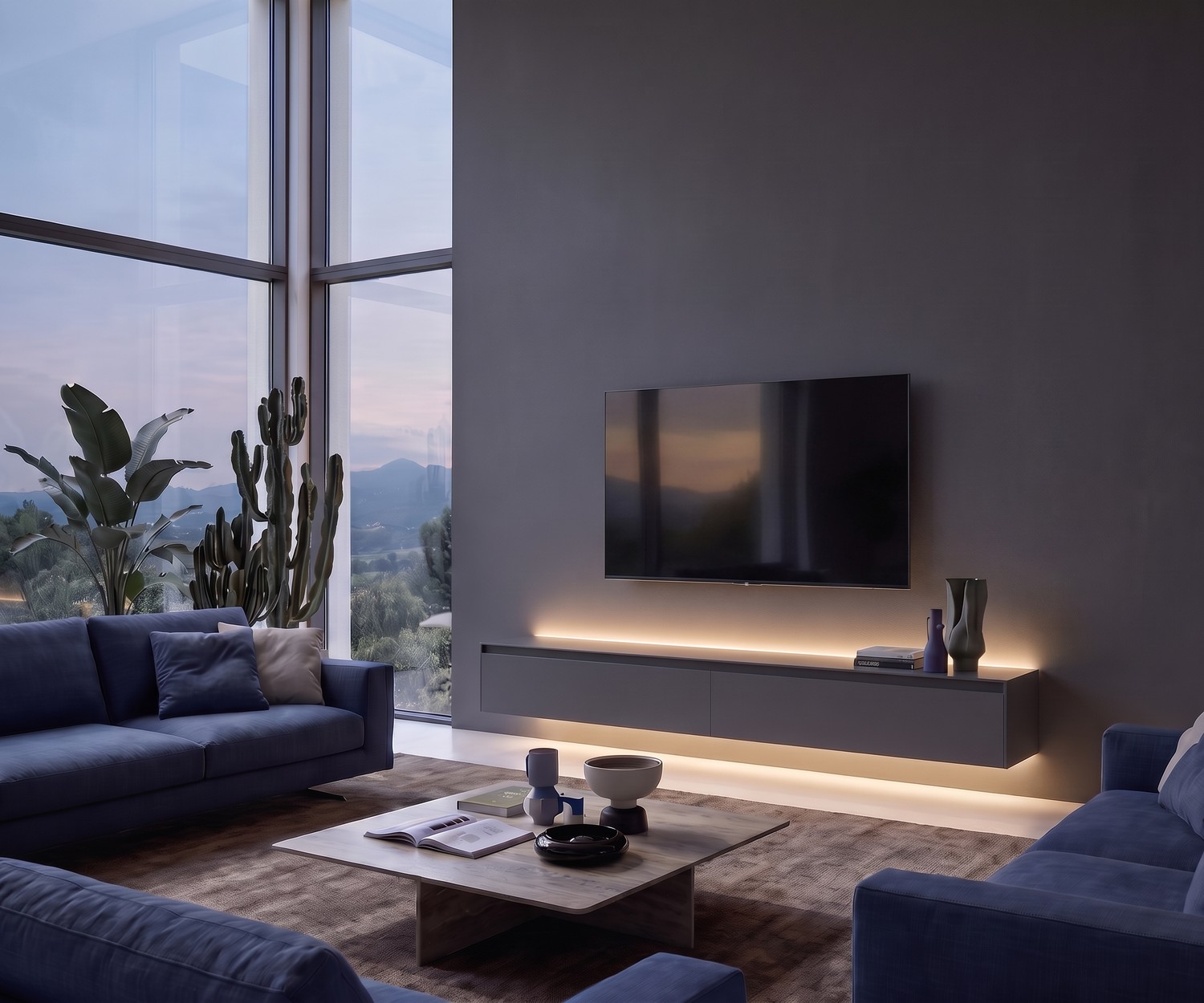 Meuble bas TV design Novamobili Reverse Meuble TV bas Novamobili Reverse anthracite dans un salon moderne avec écran plat mural, table basse et tapis.