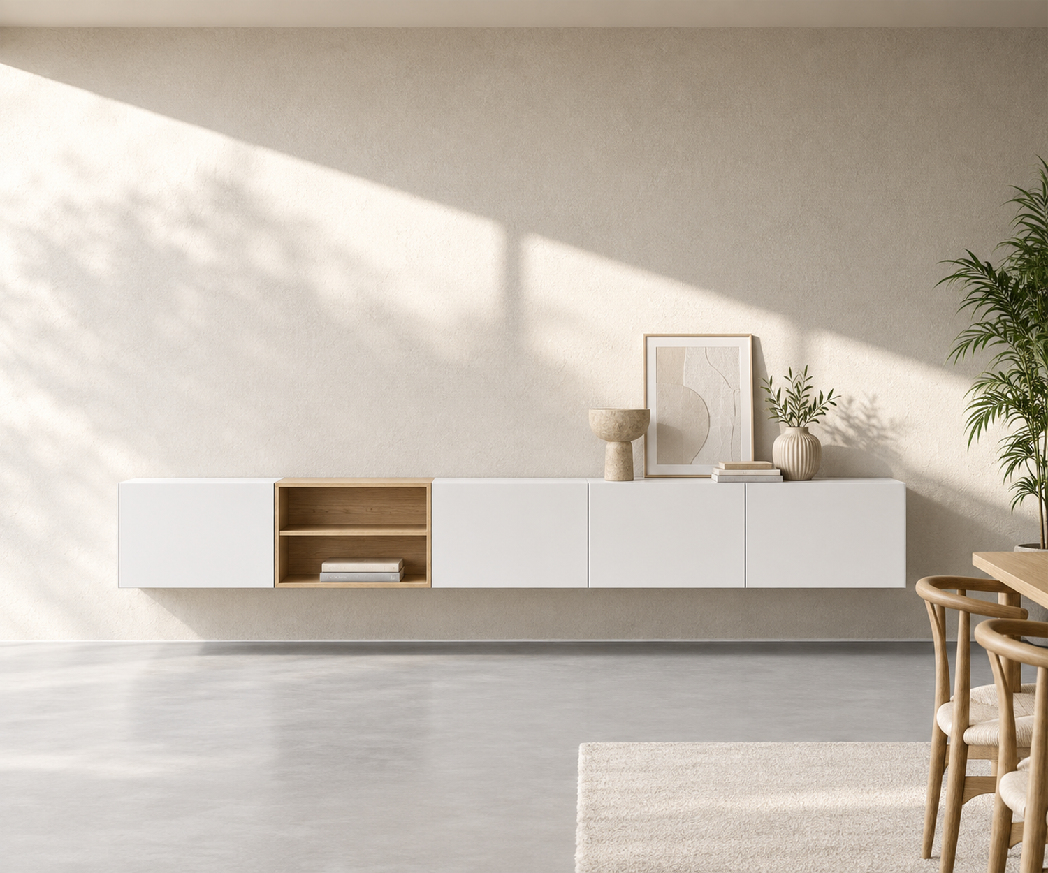 Livitalia Box 18 Buffet suspendu 300 cm – Blanc mat + Chêne clair