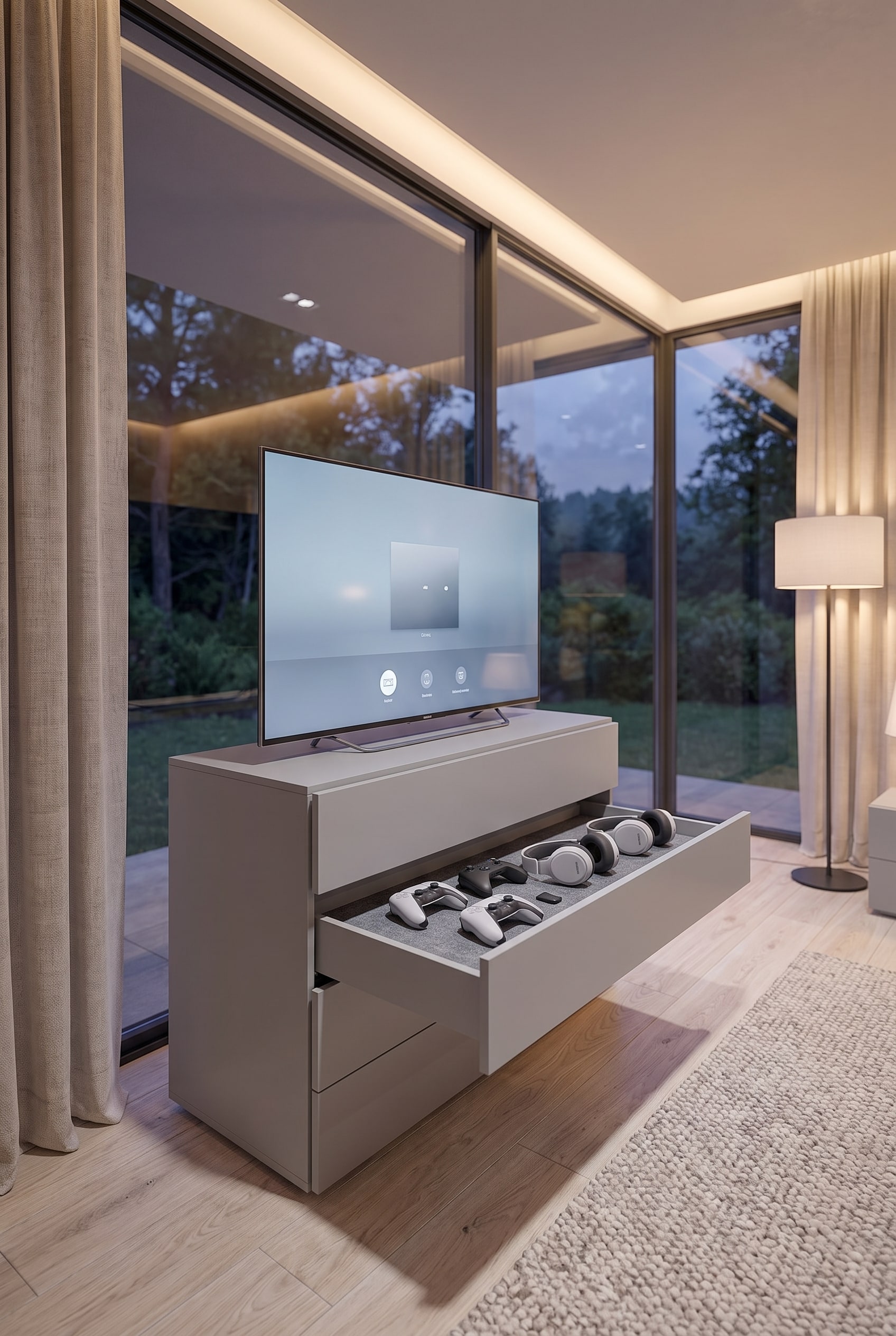 Une commode cubique en greige avec un tiroir plat, dans lequel quatre manettes et deux casques sont dispos&eacute;s c&ocirc;te &agrave; c&ocirc;te sur un tapis de feutre.