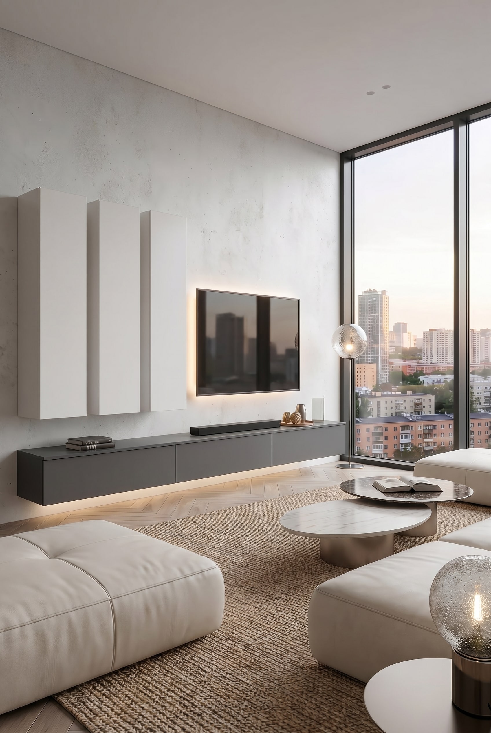 Wohnwand mit optimalem Abstand für Soundbars und akustisch durchlässigen Fronten Wohnwand mit optimalem Abstand für Soundbars und akustisch durchlässigen Fronten