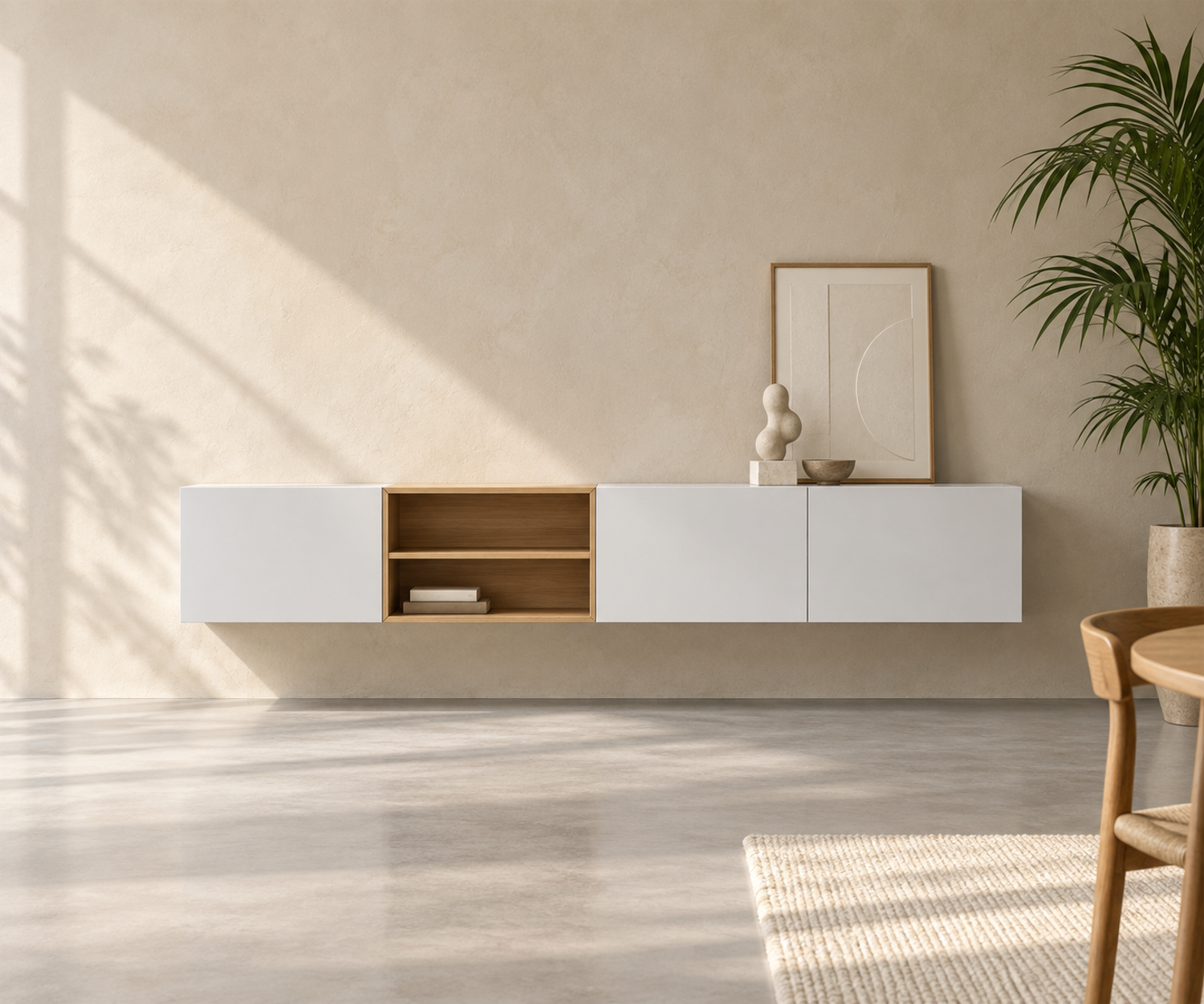 Livitalia Box 18 Wand Sideboard 240 cm – Matt Weiss + Eiche Hell