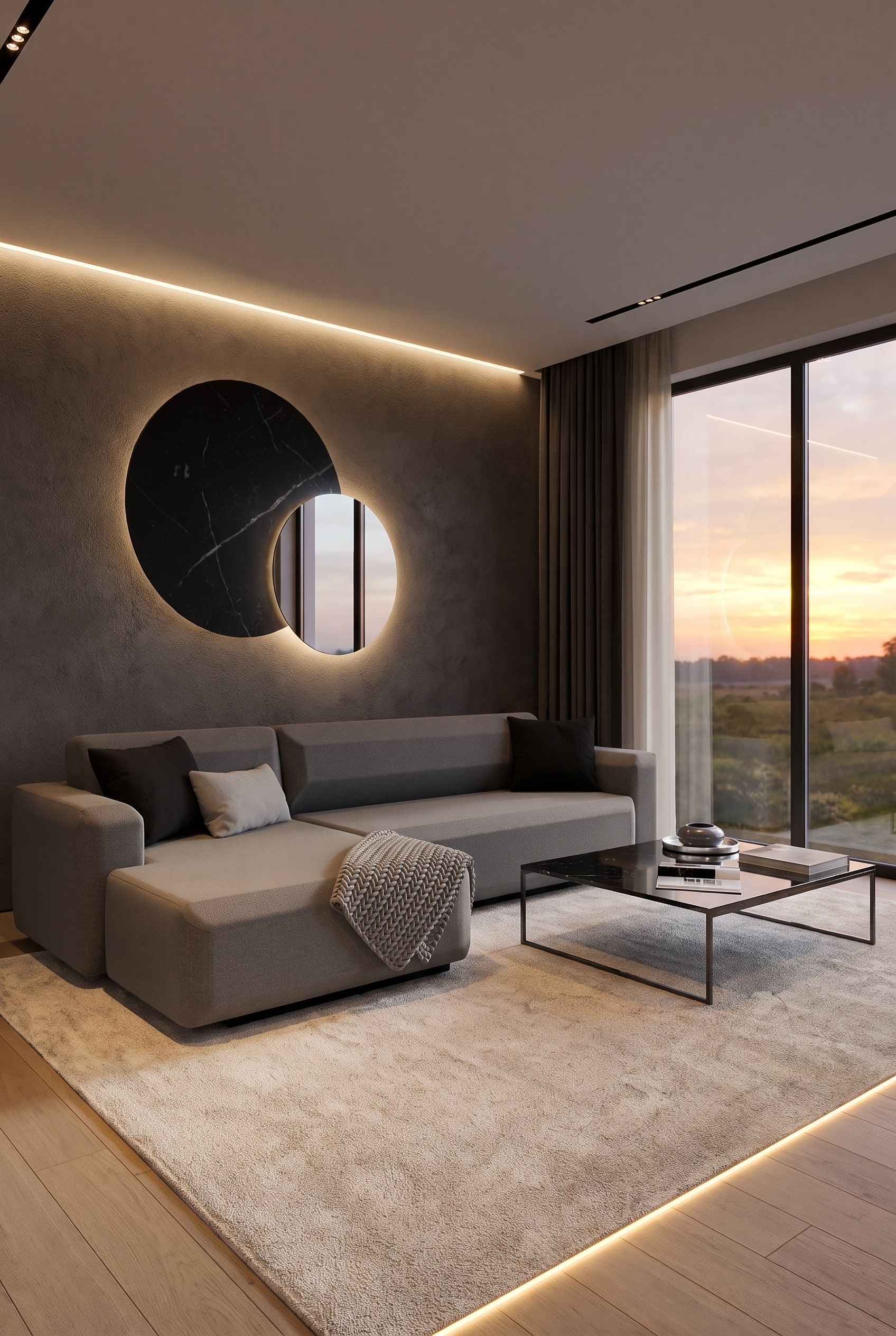 Gemütliches Wohnzimmer mit elegantem braunen Schlafsofa, hellem Teppich, dunklem Couchtisch und warmer indirekter Beleuchtung