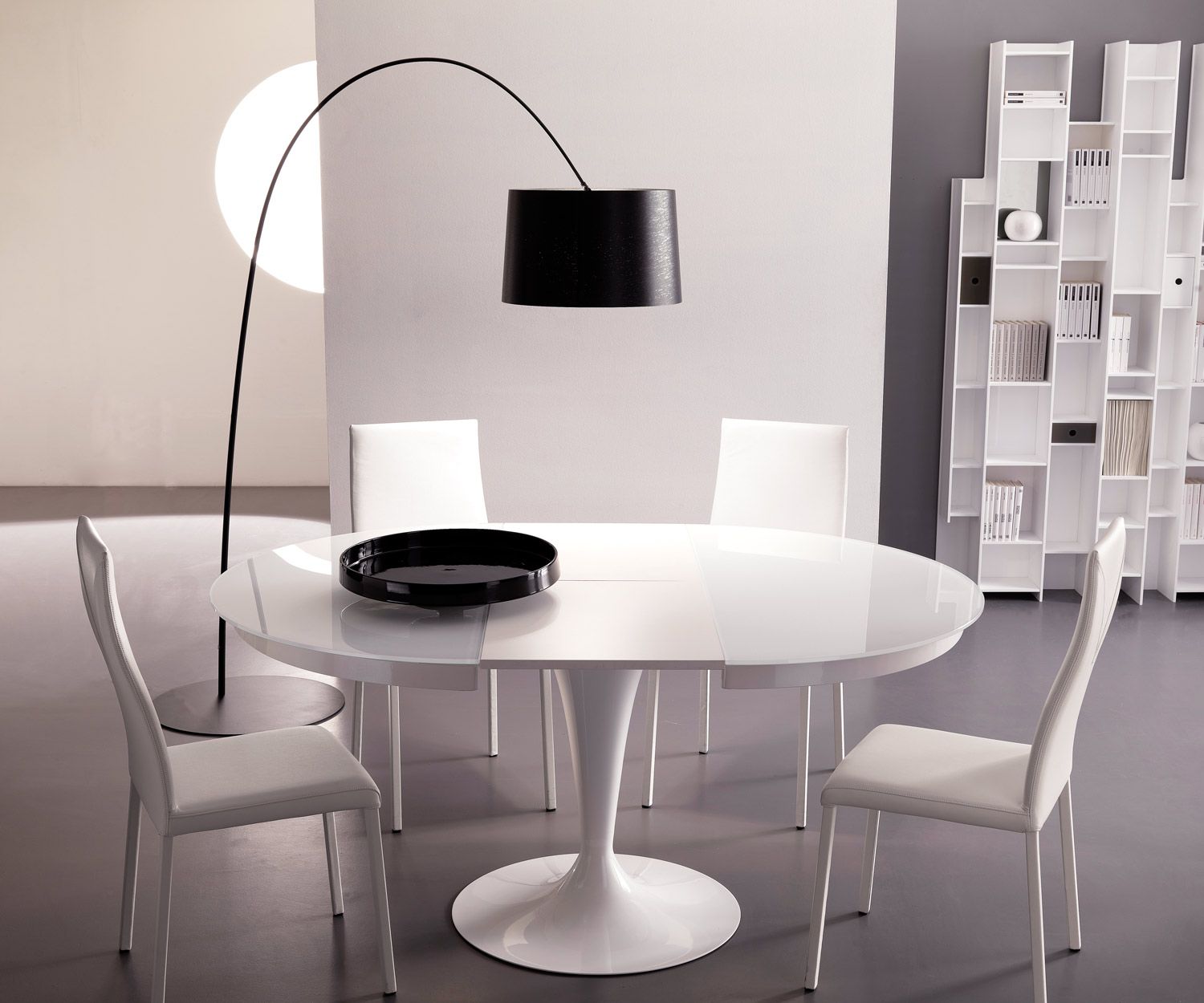 Moderne Ozzio Table ronde Eclipse Blanc Verre à rallonges